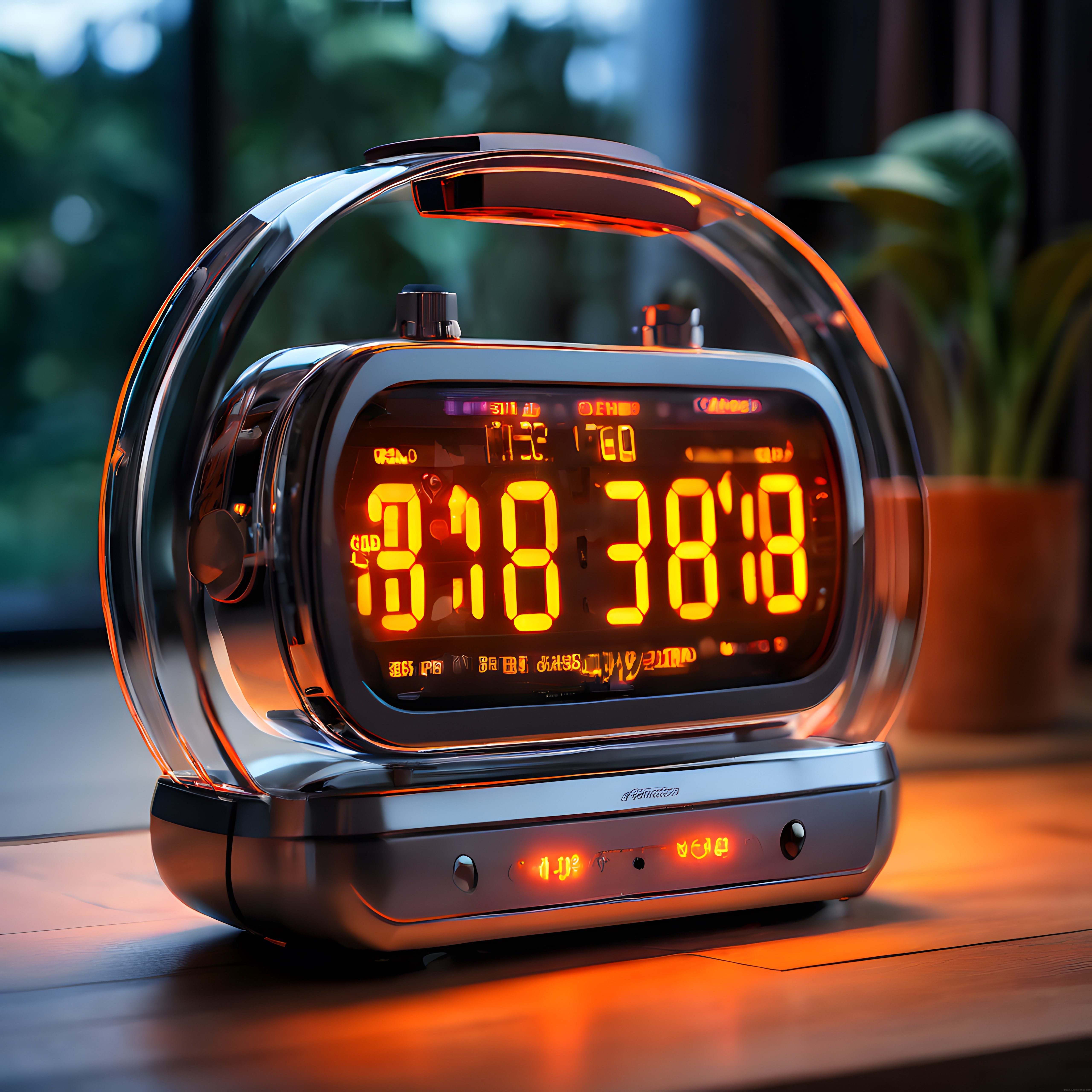 Amber Işıklı Retro Dijital Alarmlı Saat ve Fütüristik Metalik Tasarım