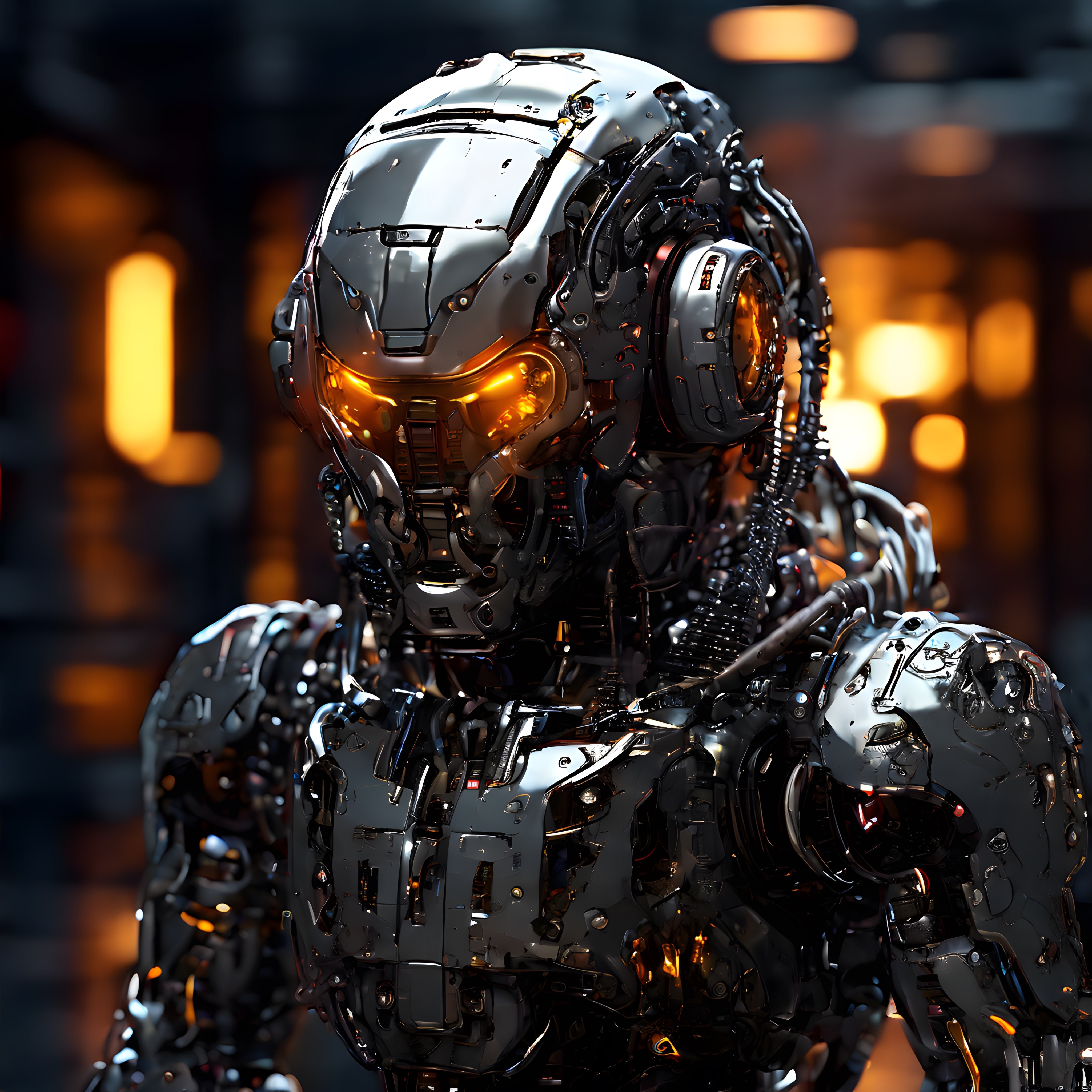 Amber Optikleriyle Parlayan Geleceğin İnsansı Mekanik Robot Portresi