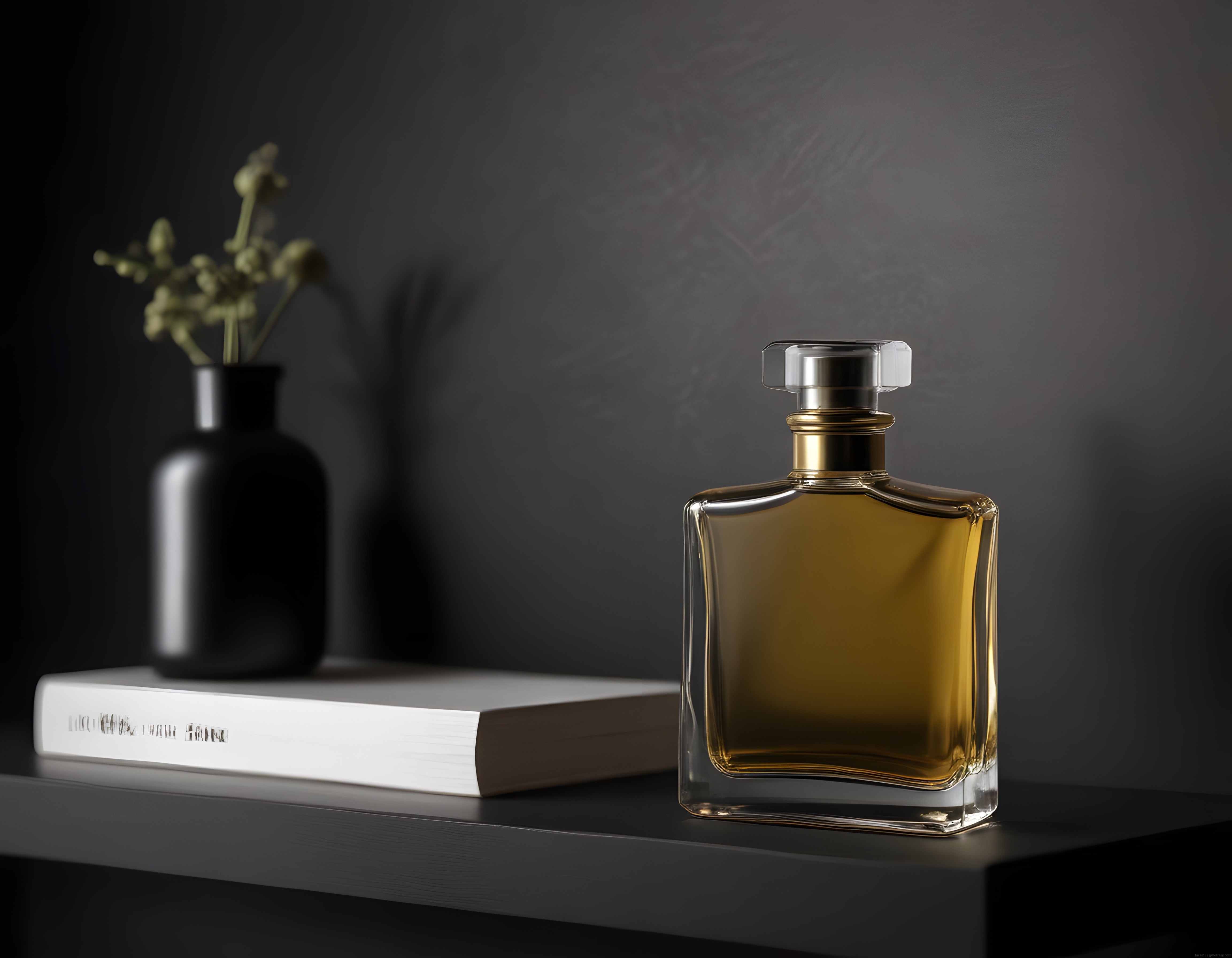 Amber Parfüm Şişesi ve Siyah Vazo ile Minimalist Lüks Dekorasyon