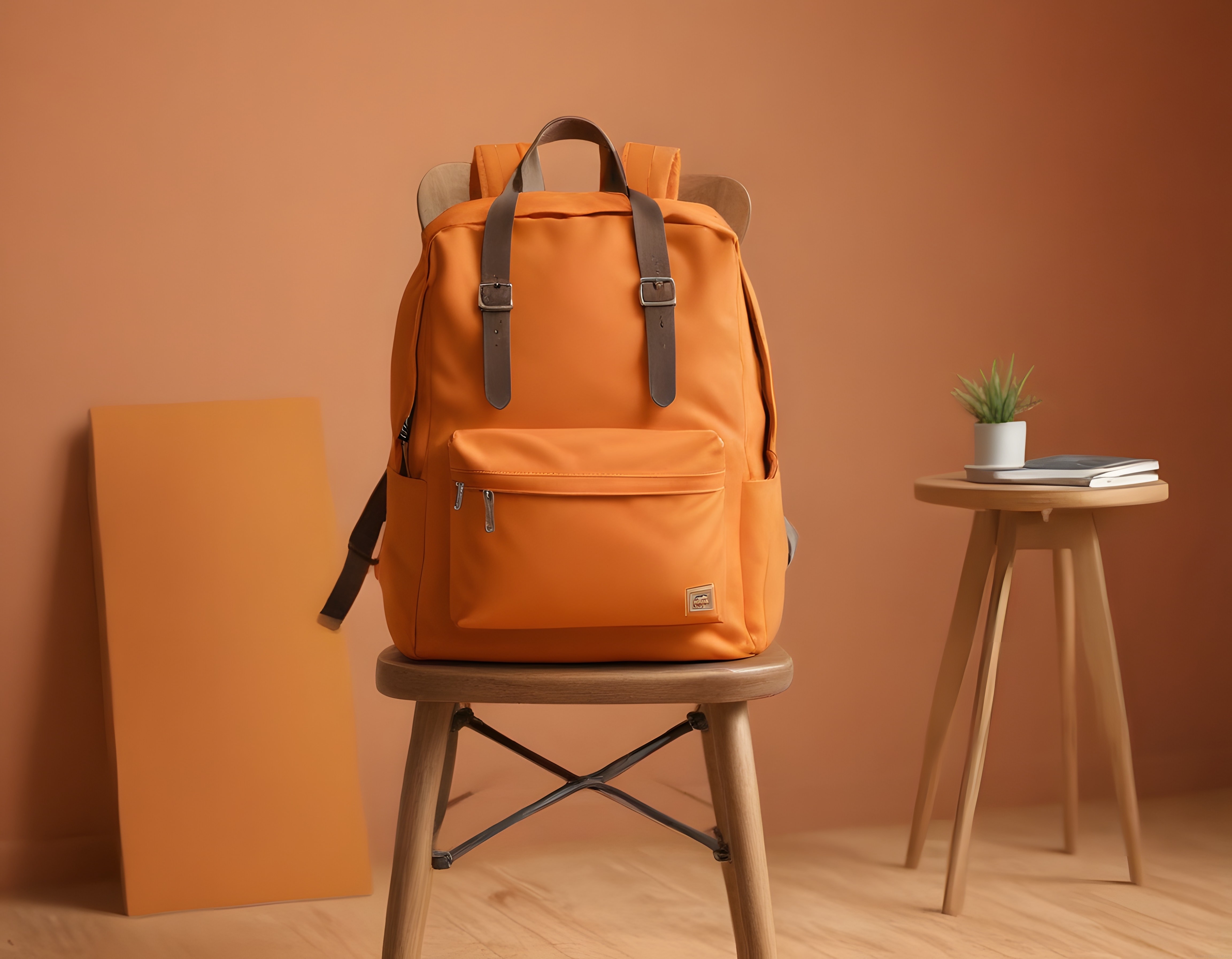 Amber Rengi Modern Sırt Çantası ile Sıcak Tonlarda Minimal Stüdyo Kompozisyonu