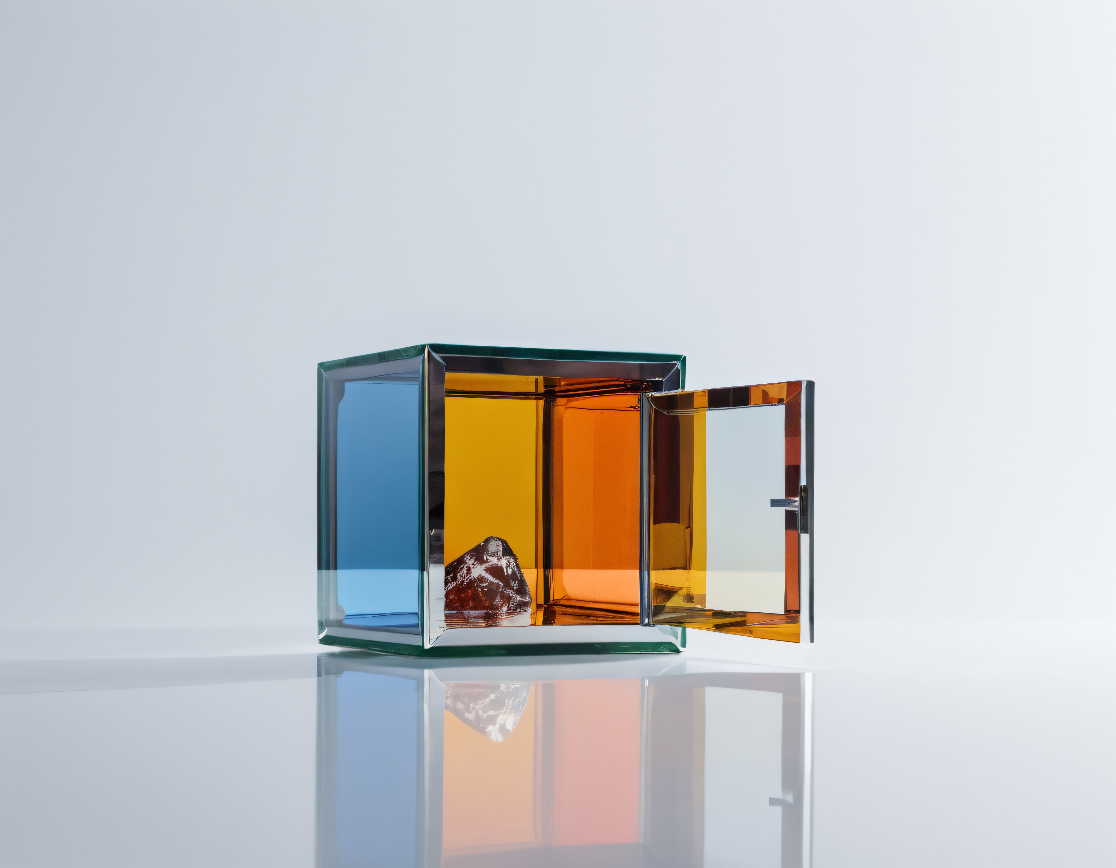 Amber ve Mavi Cam Kutuda Kayalık Manzara: Minimalist Sanat Tasarımı