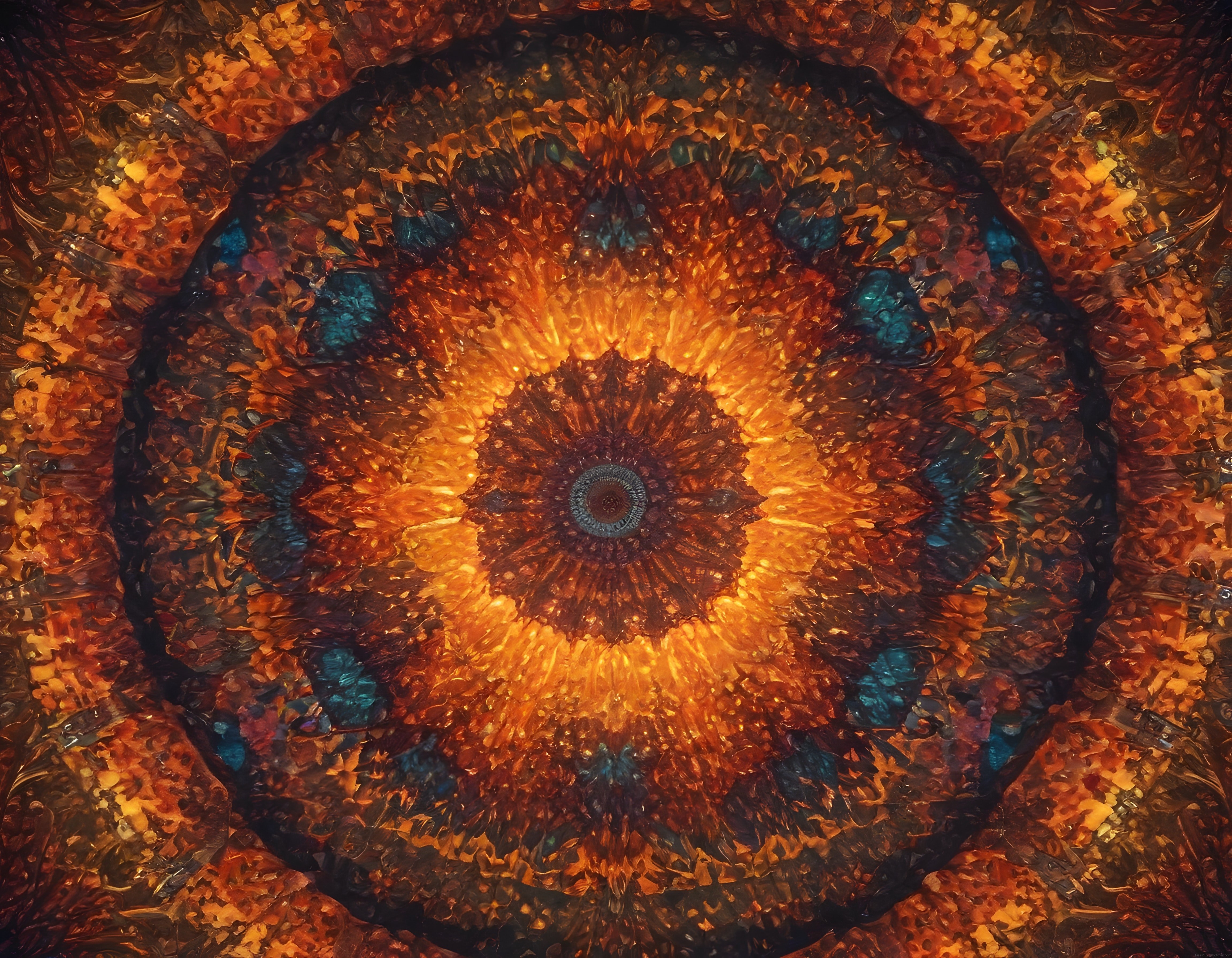 Amber ve Turkuaz Tonlarında Simetrik Mandala Formlu Dijital Sanat Kompozisyonu