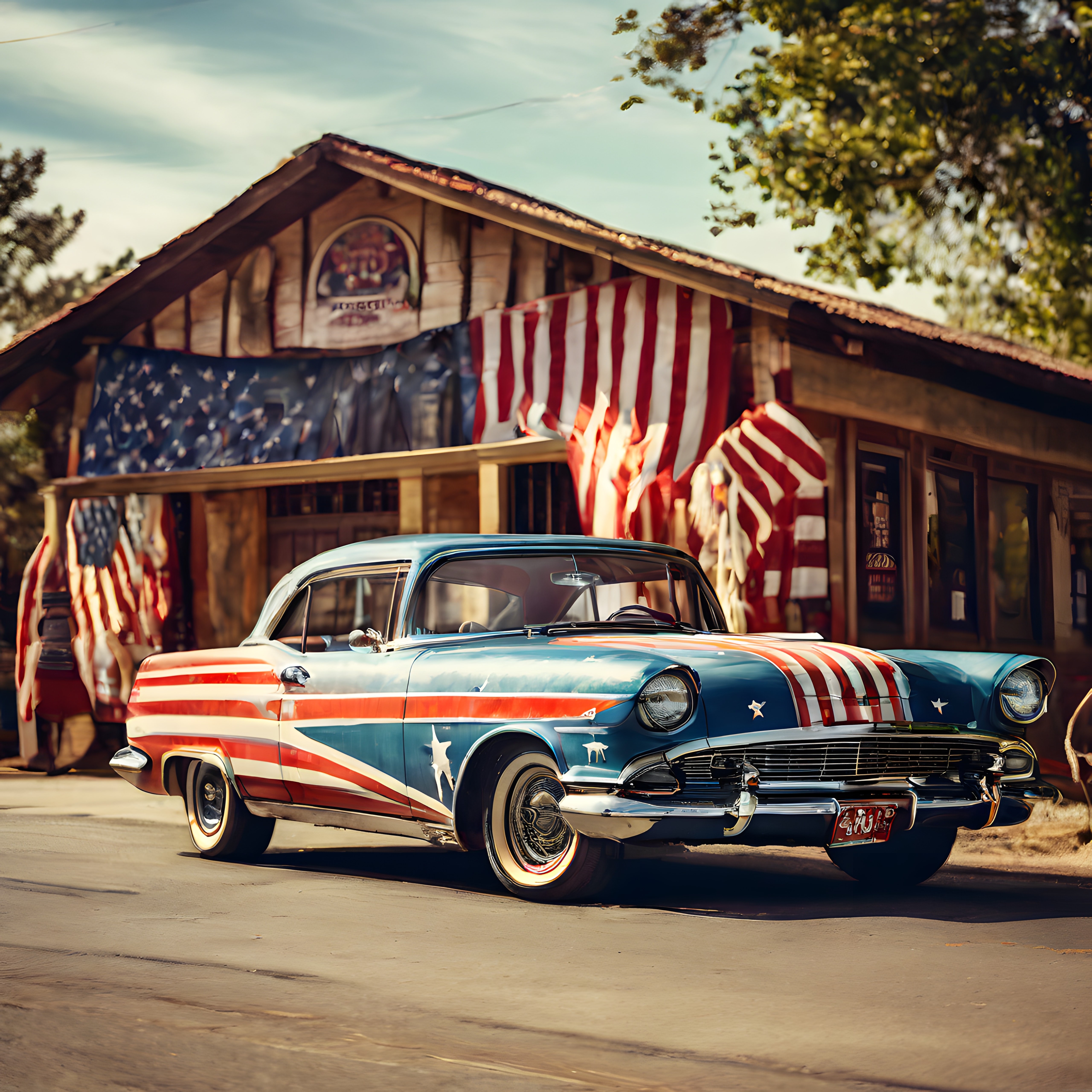 Amerikan Bayrağı Motifli Klasik Araba ve Nostaljik Yol Kenarı Atmosferi