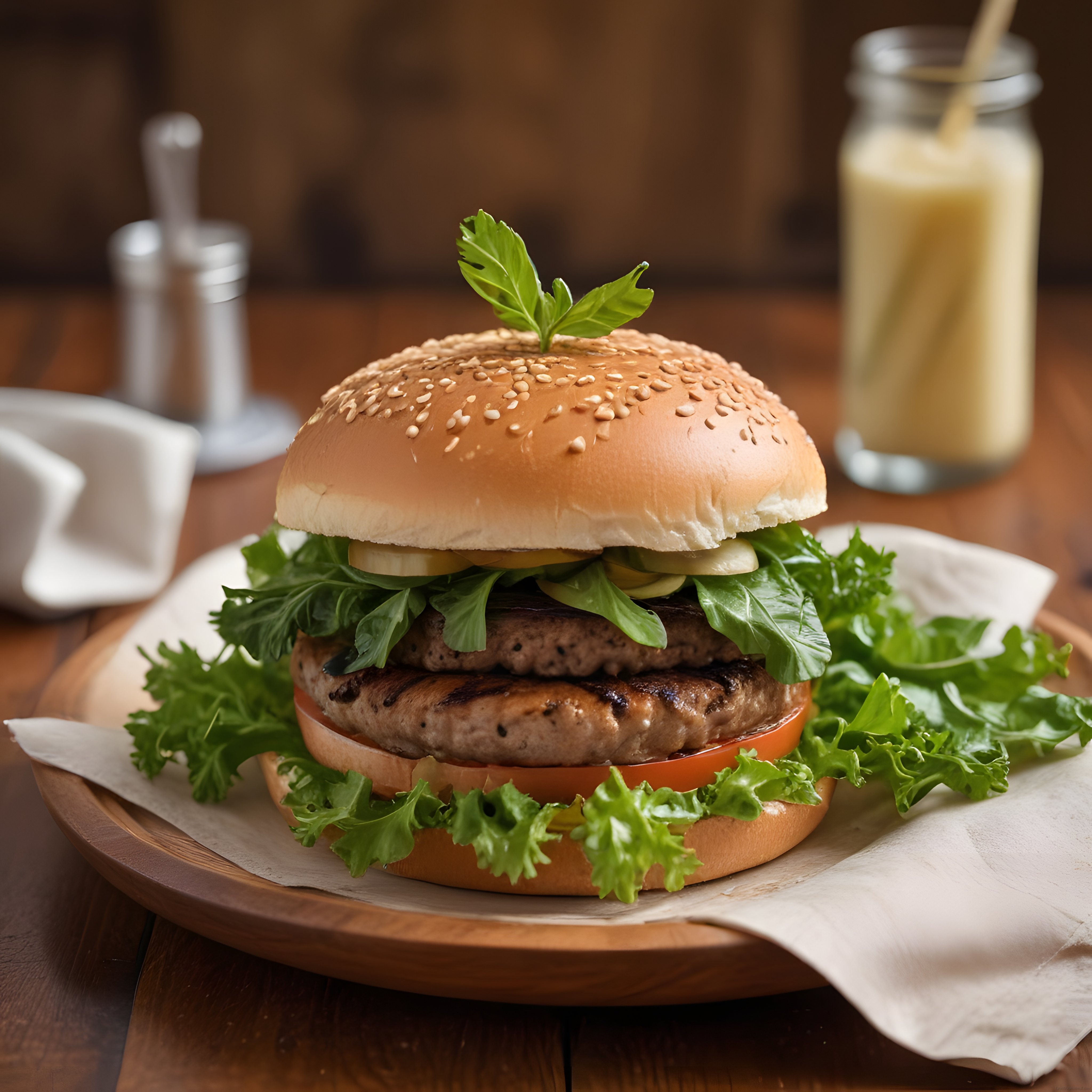 Amerikan Mutfağından Çift Katlı Susamlı Hamburger ve Yeşil Salata Süslemeleri