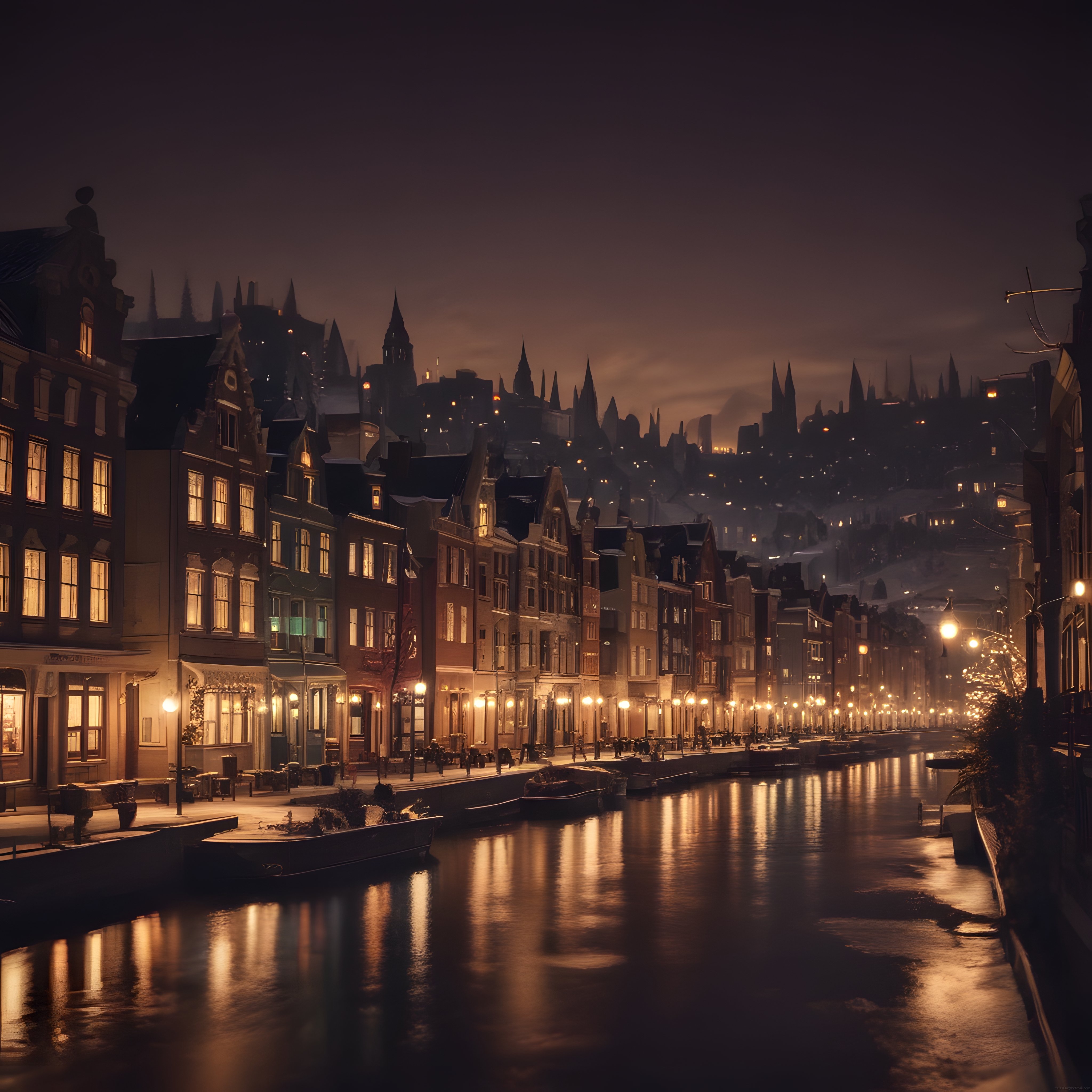 Amsterdam'ı Andıran Sisli Gecede Işıklı Kanal Boyunca Tarihi Avrupa Evleri