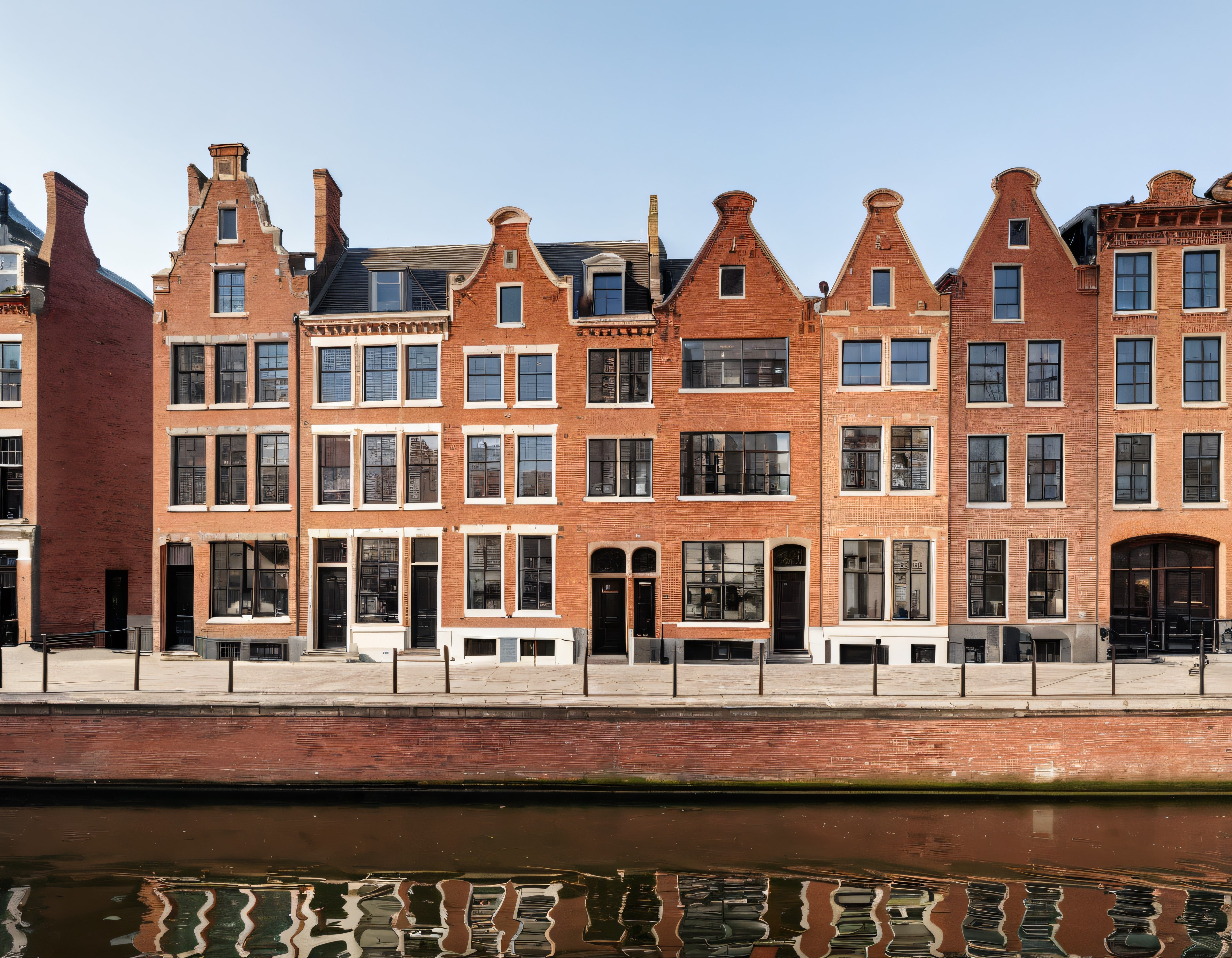 Amsterdam Kanalı Boyunca Sıralanan Tarihi Tuğla Evler ve Su Yansıması