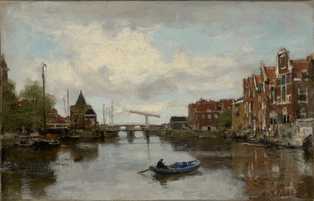 amsterdam kanalında klasik yağlı boya tarihi evler tekne ve köprü manzarası
