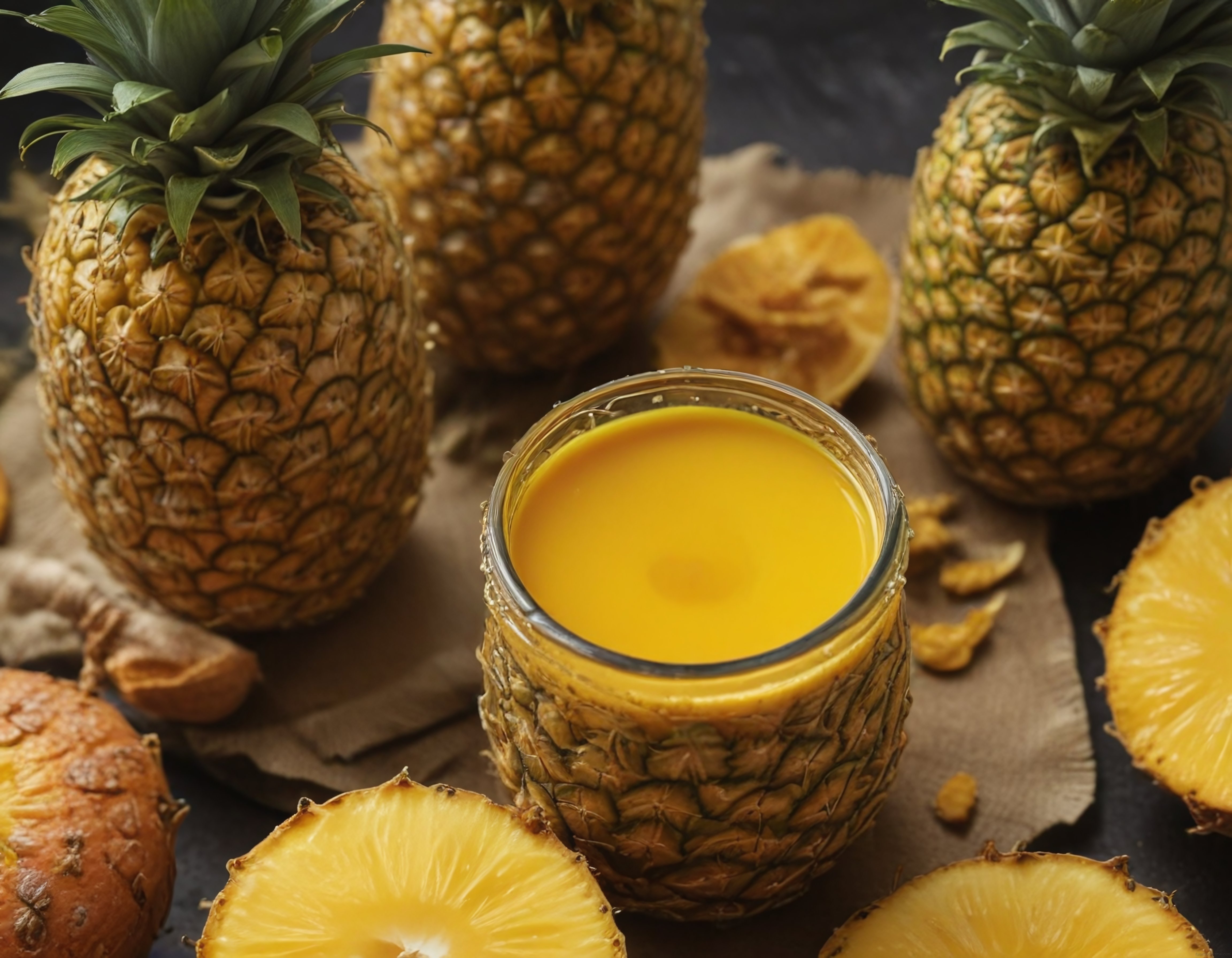 Ananas Kabuğundan Bardakta Taze Sıkılmış Ananas Suyu ve Doğal Meyveler