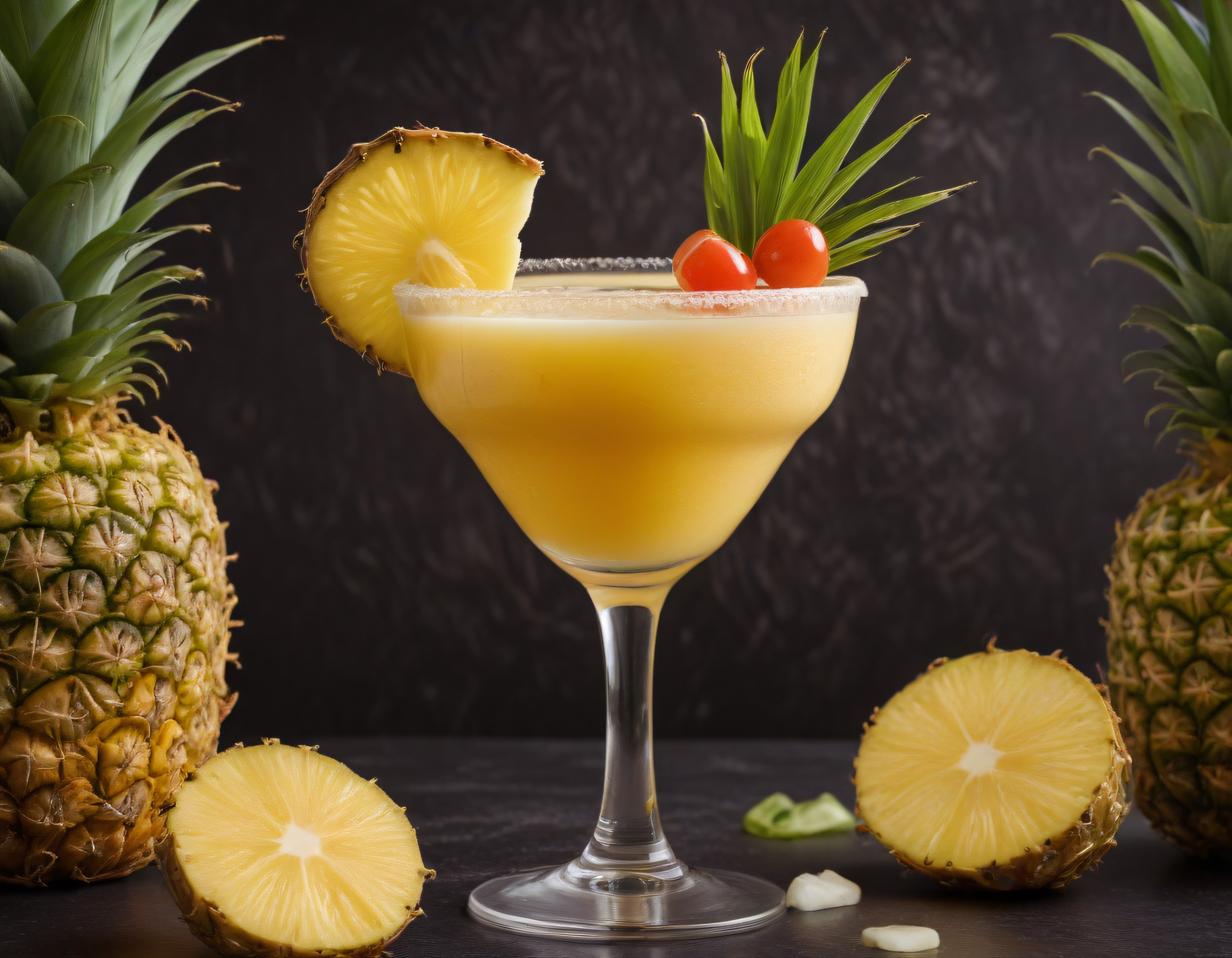 Ananas Süslemeli Tropikal Kokteyl ve Taze Ananas Dilimleri ile Plaj Sunumu