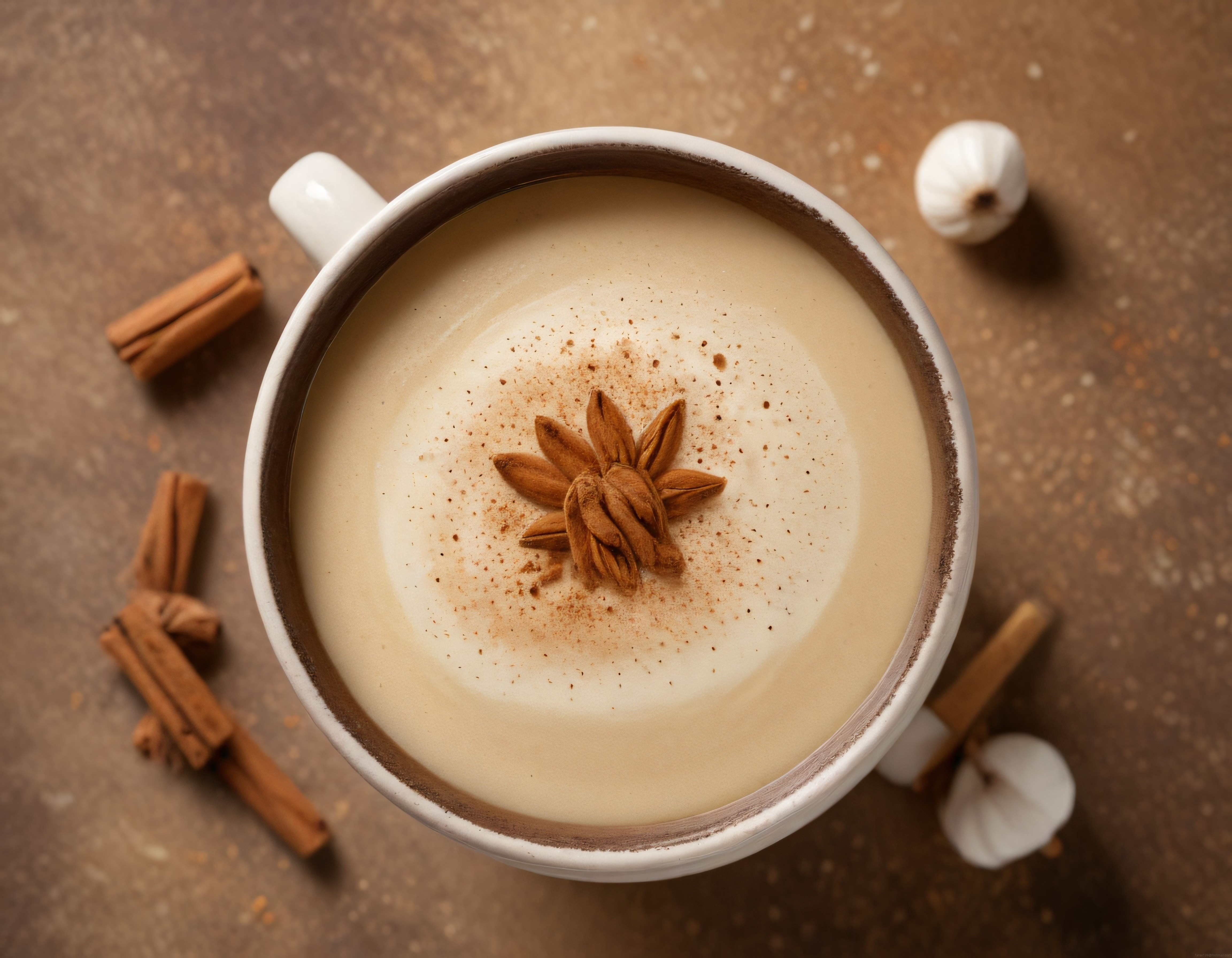 Anason Yıldızı ve Tarçın ile Süslü Kremsi Sıcak Salep Fincanı Kış İçeceği
