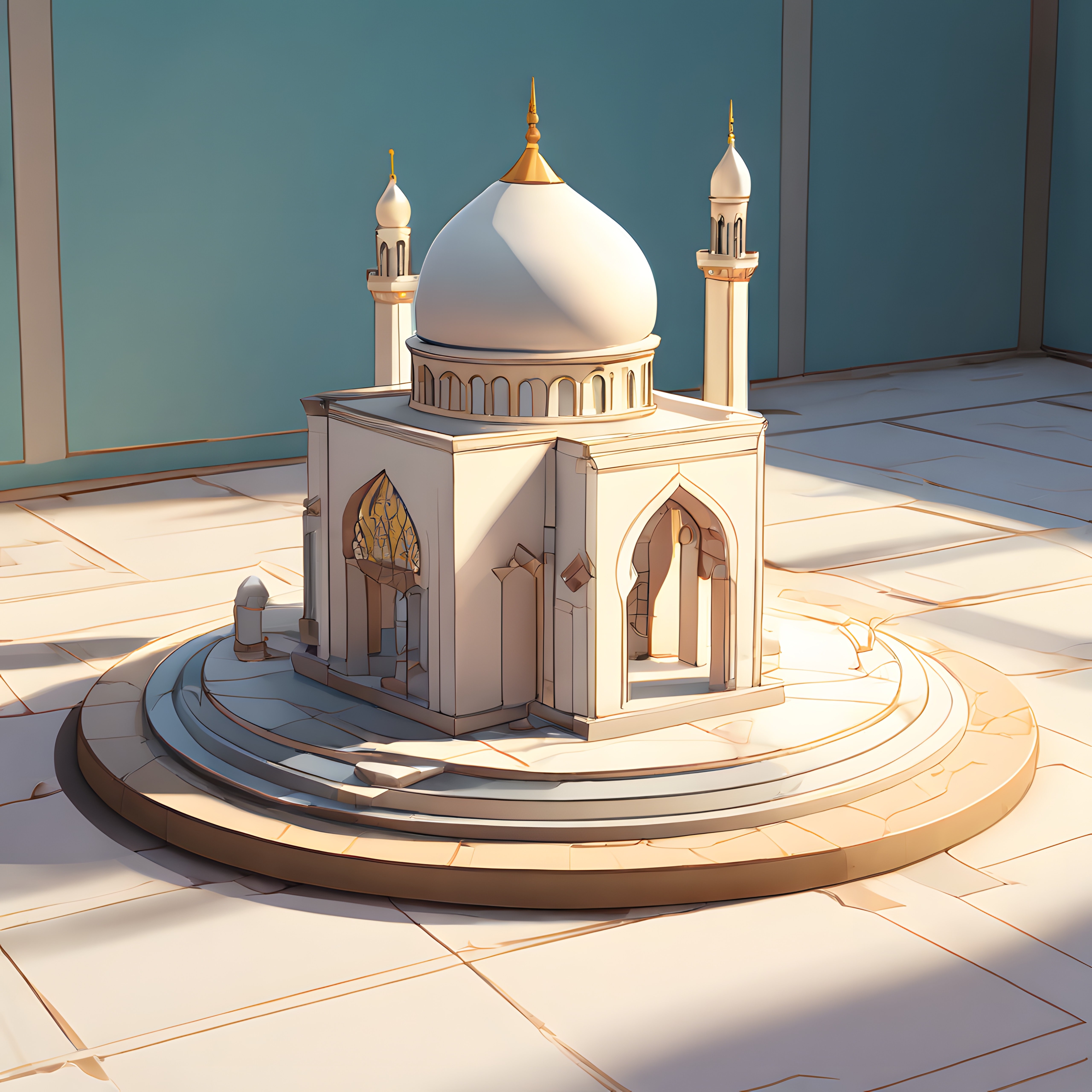 animasyon tarzı cami maketi: altın kubbeli ve minareli İslami mimari