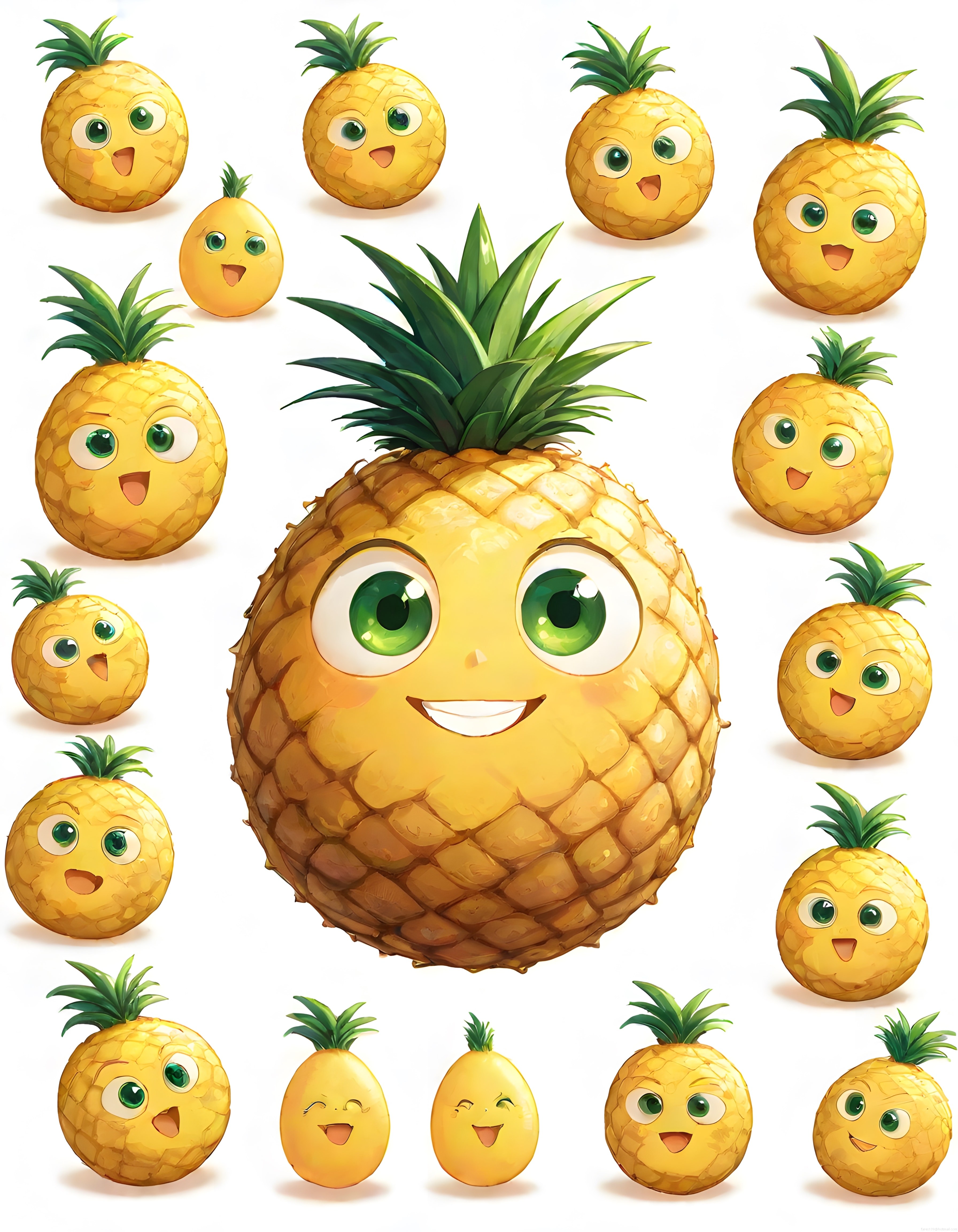 Animasyon Tarzı Sevimli Ananas Karakterleri ve Dijital İllüstrasyon Seti