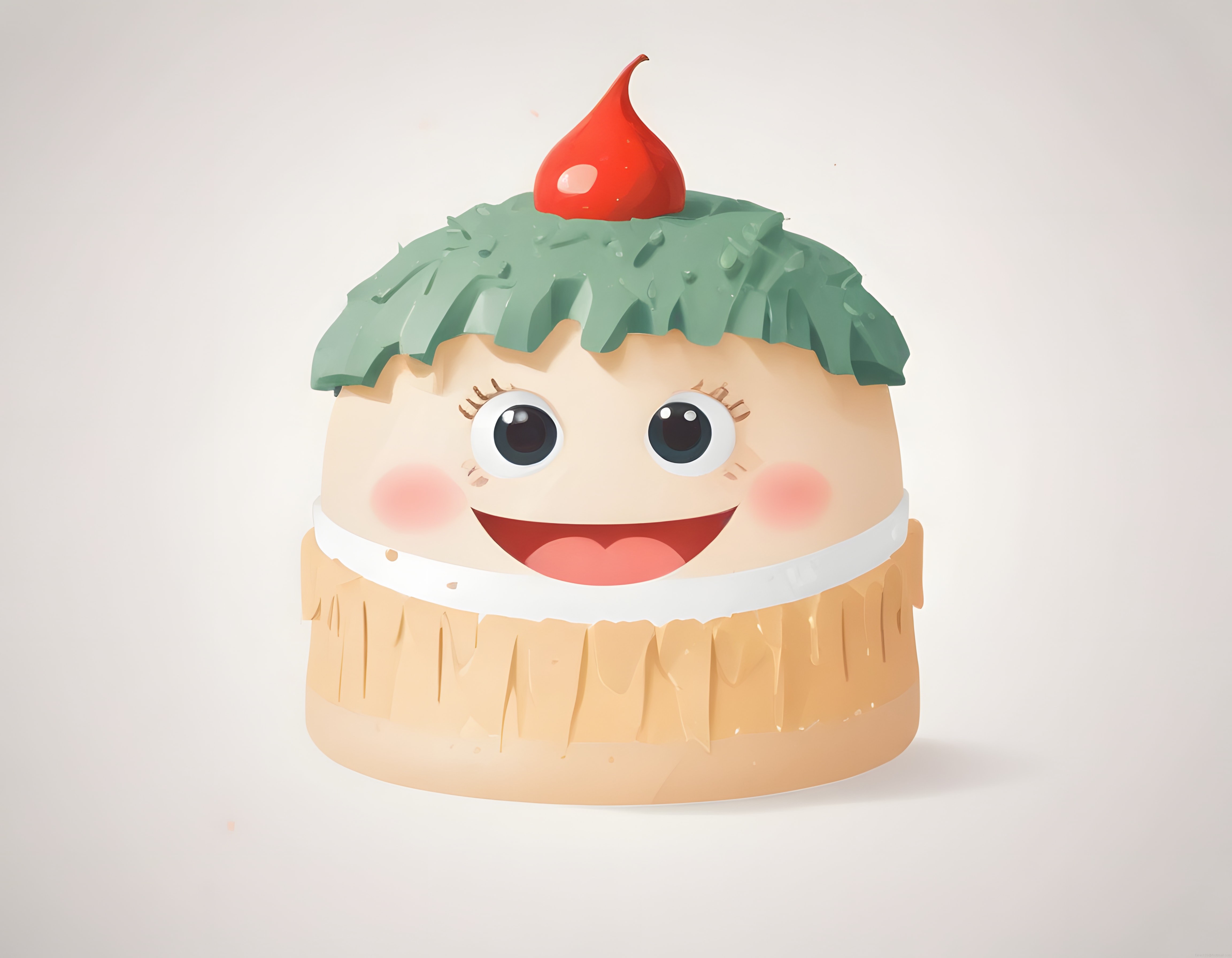 animasyon tarzında sevimli cupcake karakteri yeşil krema ve kırmızı meyveli