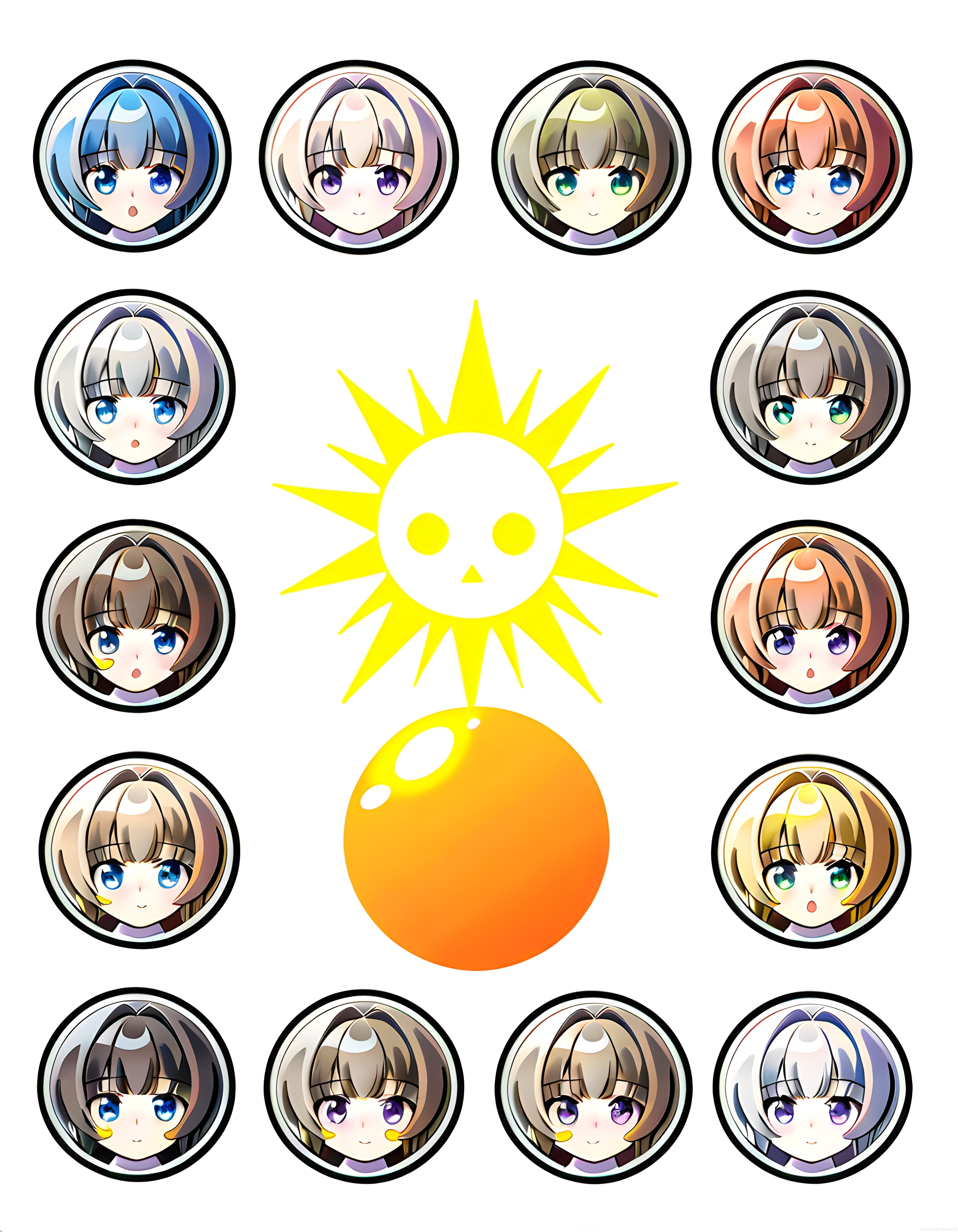 Anime avatarları ve merkezde güneş motifi içeren yuvarlak dijital sanat seti