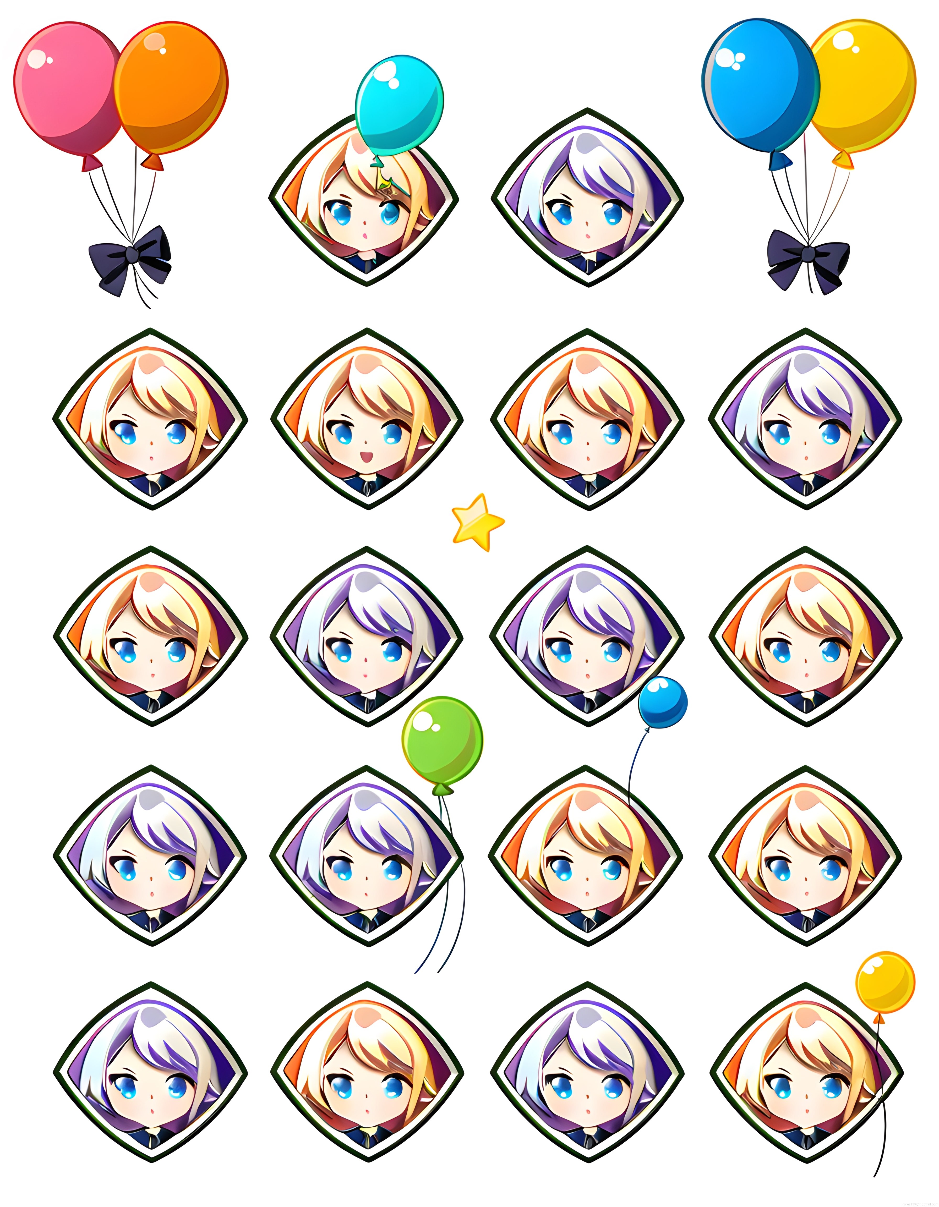 Anime Chibi Avatar Koleksiyonu Renkli Yüz İfadeleri ve Balon Dekorlarıyla