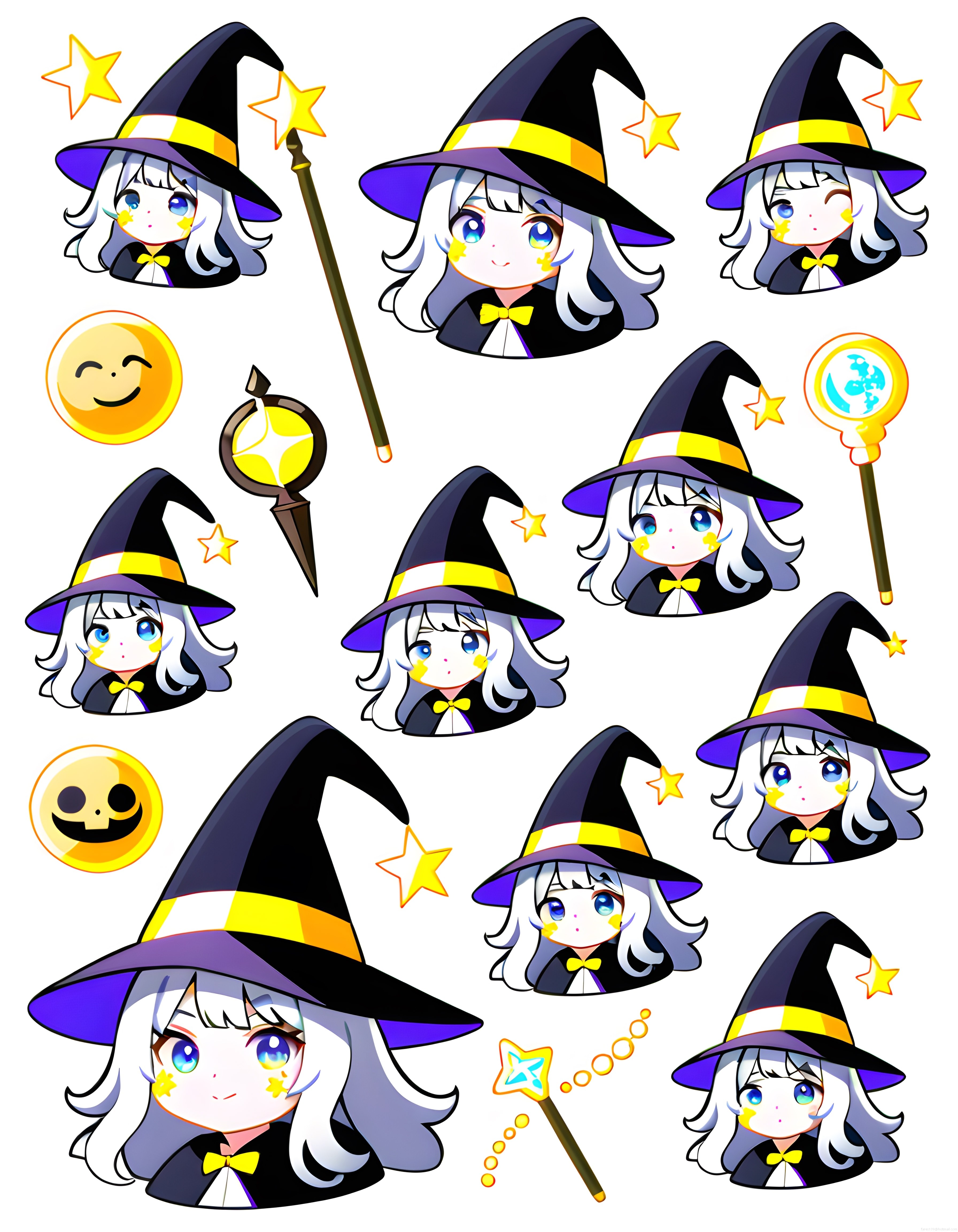 Anime Chibi Cadı Kız Çıkartma Seti: Sihirli İfadeler ve Renkli Detaylar