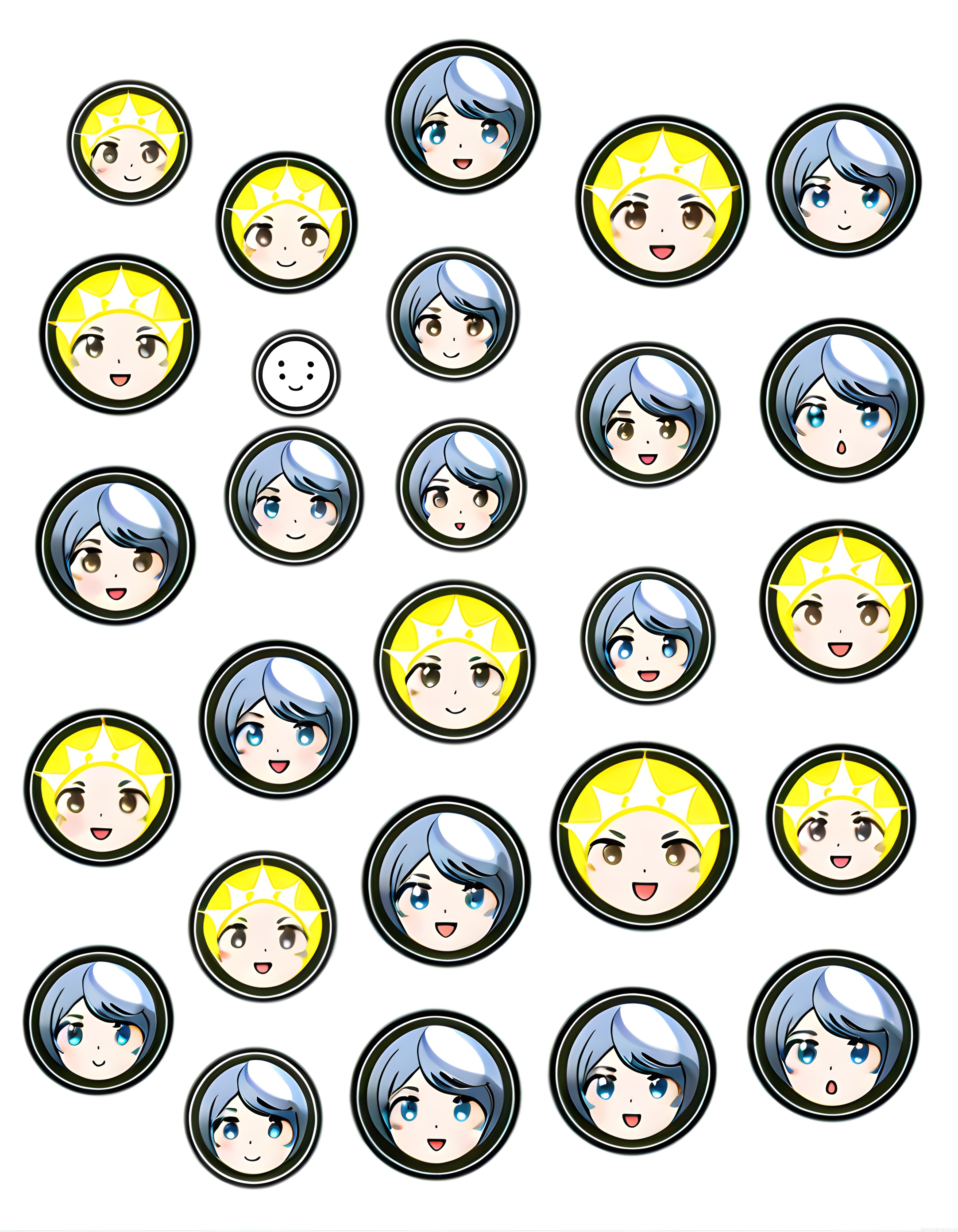 Anime Chibi Karakter Avatarları Mavi Saçlı ve Sarı Prenses Tacı Çizimleri