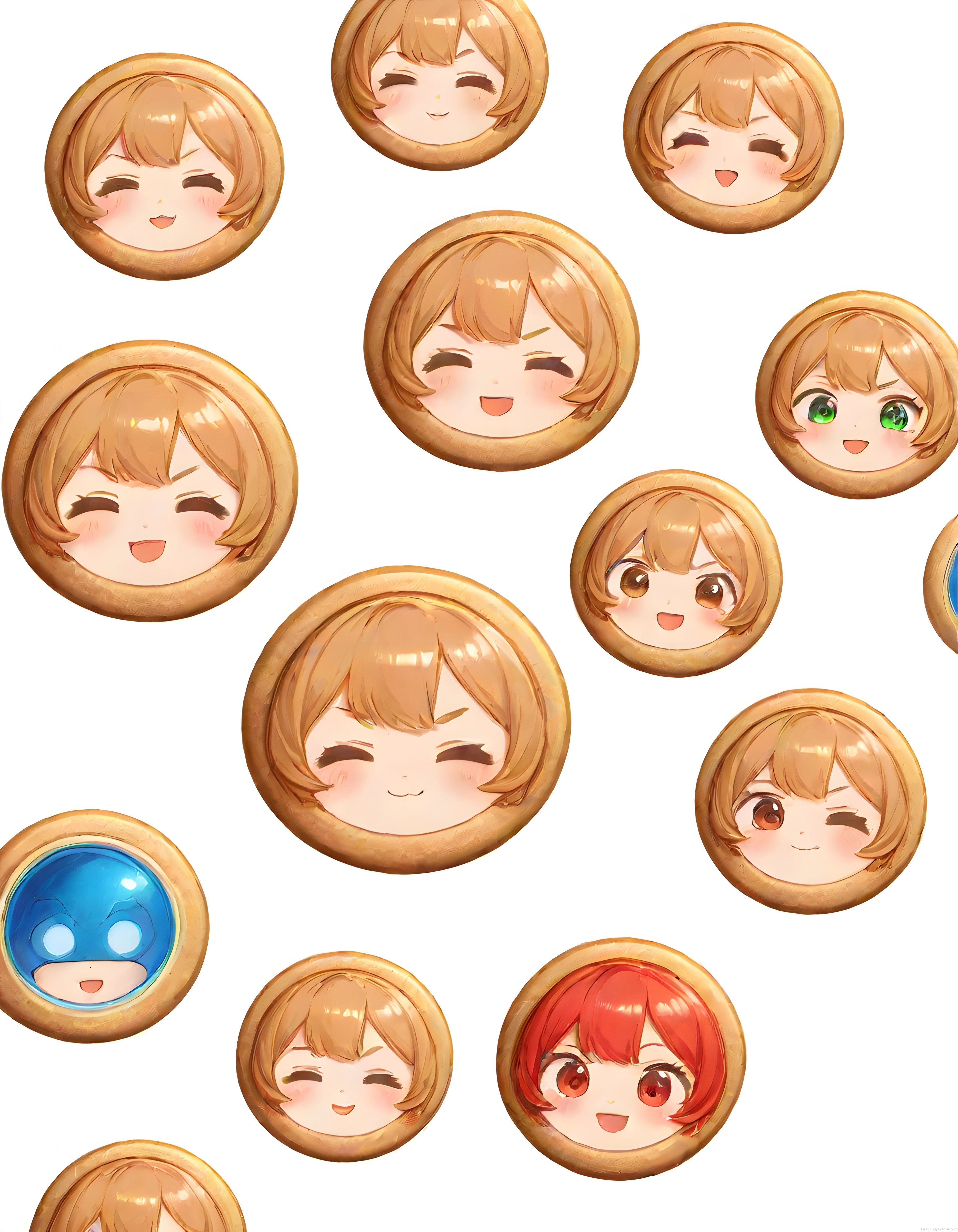 Anime chibi karakter koleksiyonu: Bronz token üzerinde sevimli dijital yüz ifadeleri