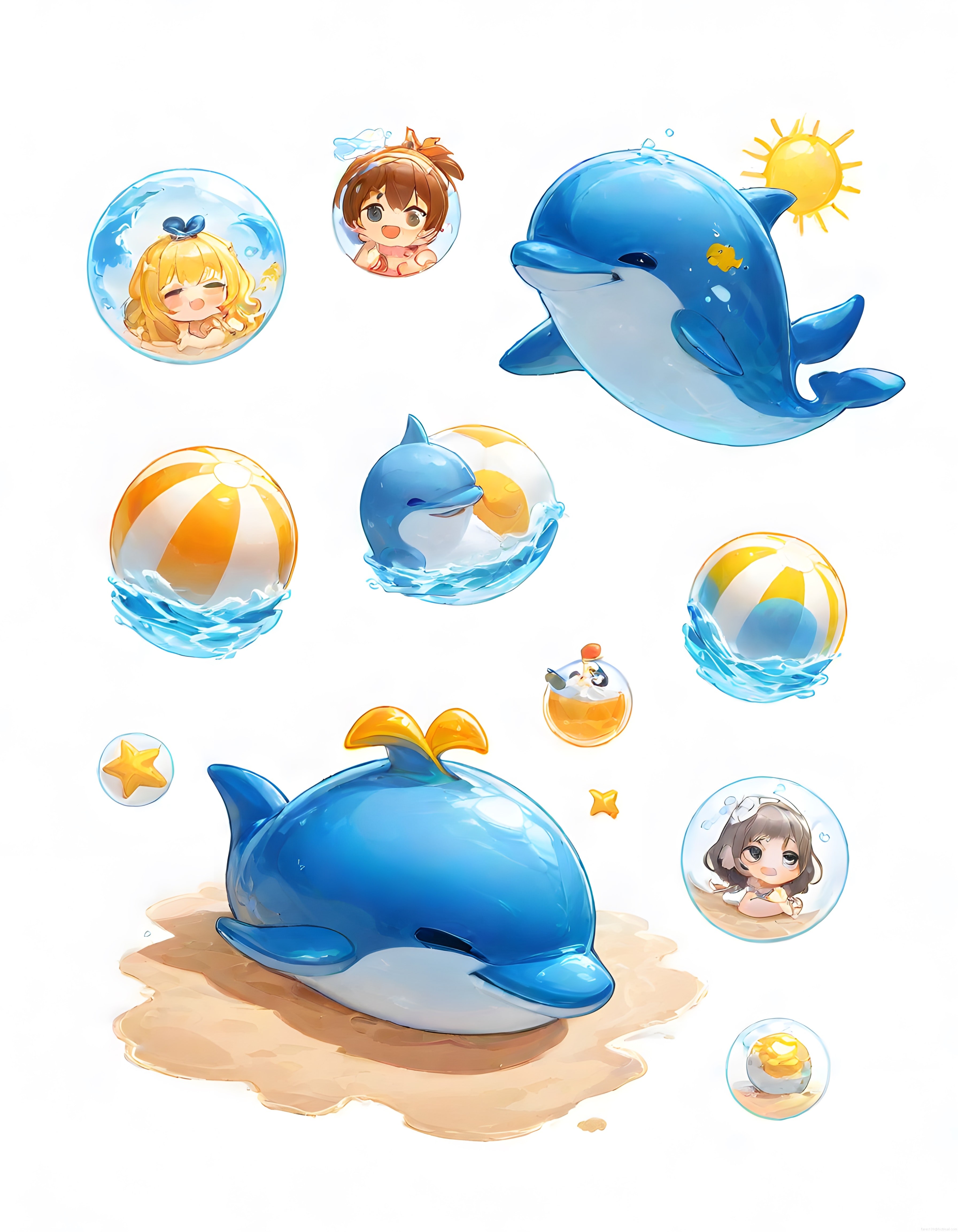 Anime chibi karakterler ve balinaların yaz temalı renkli dijital sanat serisi Anime chibi karakterler ve balinaların yaz temalı renkli dijital sanat serisi