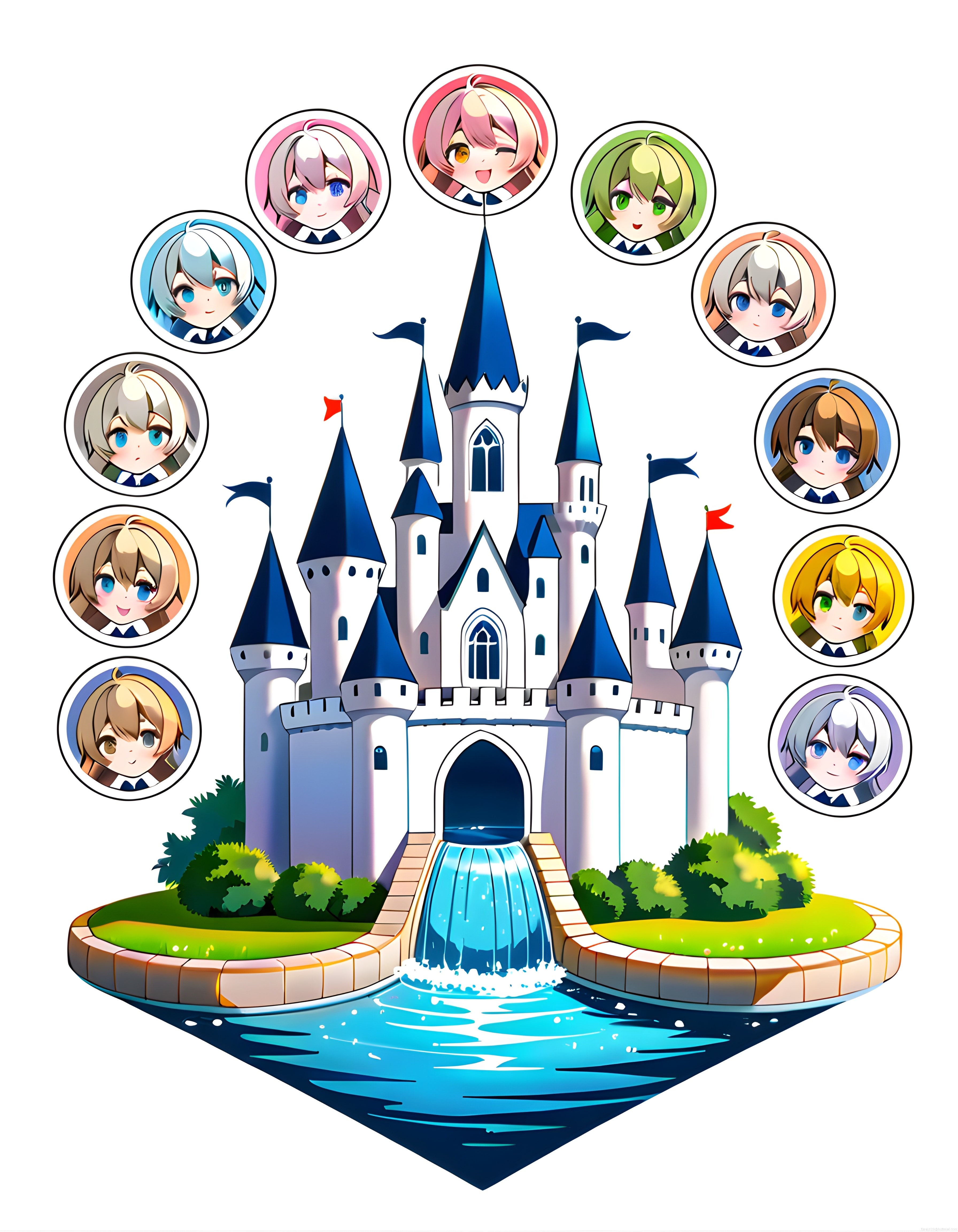 Anime Chibi Karakterler ve Peri Masalı Şato Dijital İllüstrasyonu