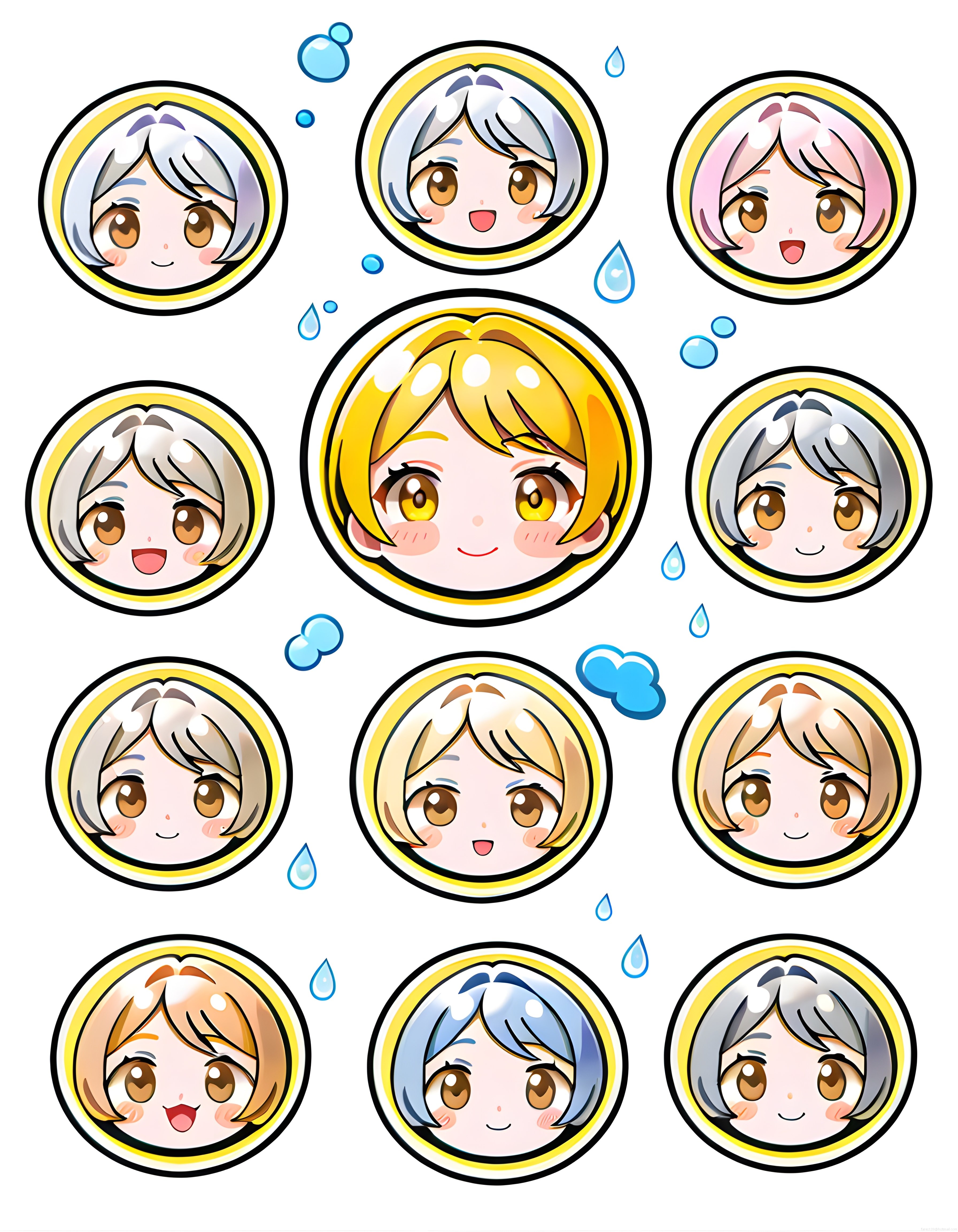Anime chibi kız avatar seti renkli saçlı sevimli karakter yüz koleksiyonu