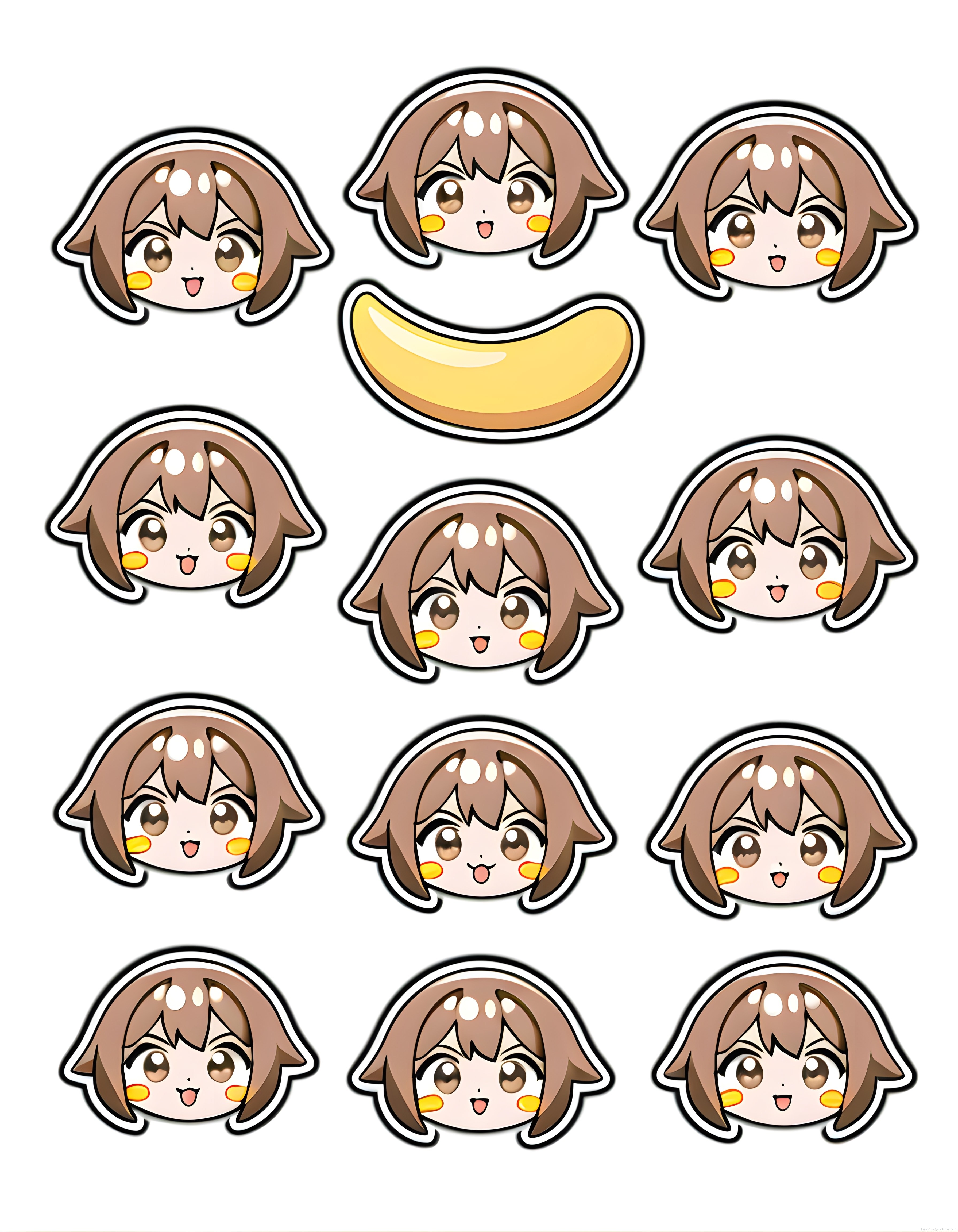 Anime Chibi Kız Karakteri Farklı Yüz İfadeleri ve Muz Sticker Dijital Sanat Seti