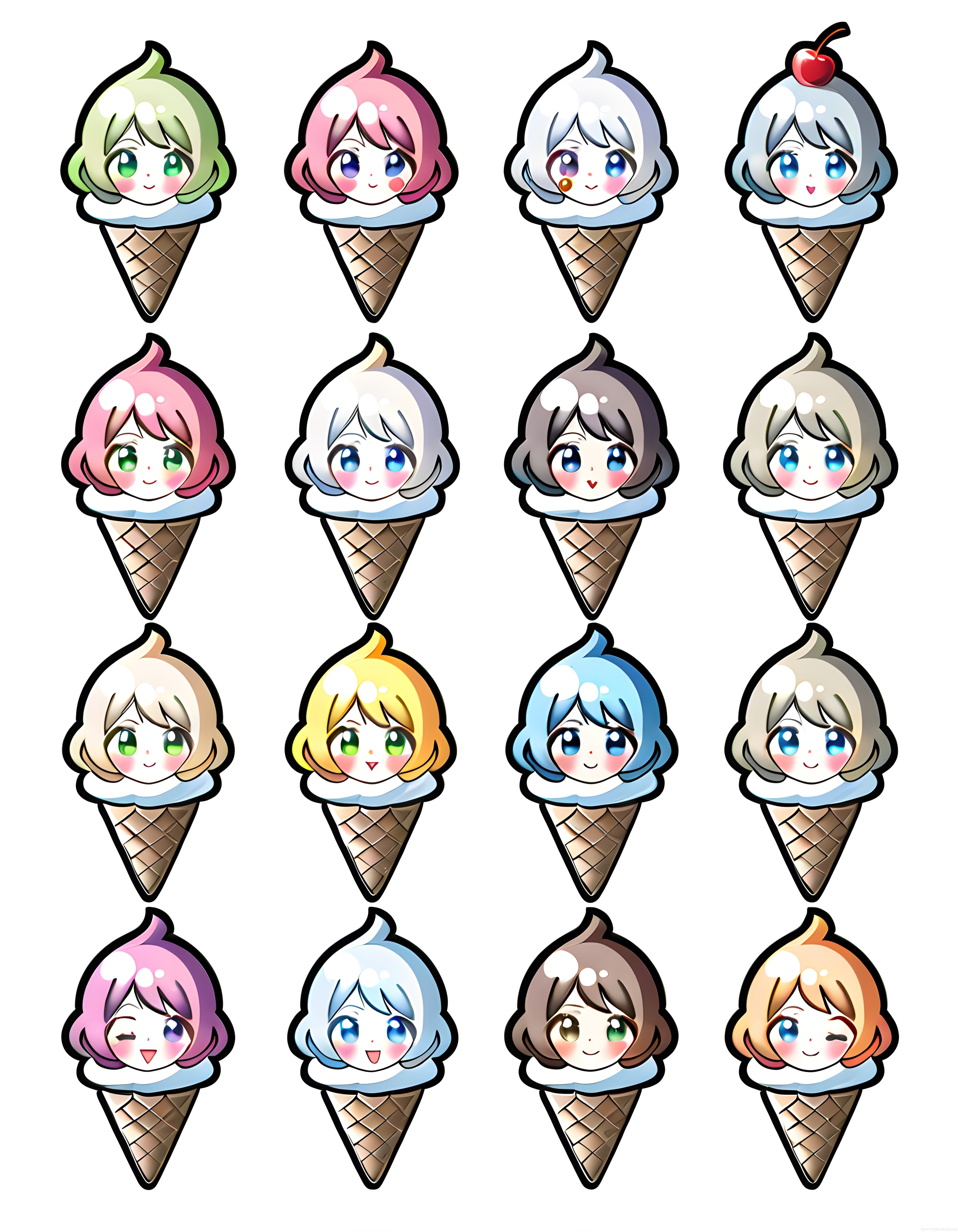 Anime Dondurma Külahı Kızlar: Renkli Chibi Sticker ve Sevimli Karakter Tasarımları