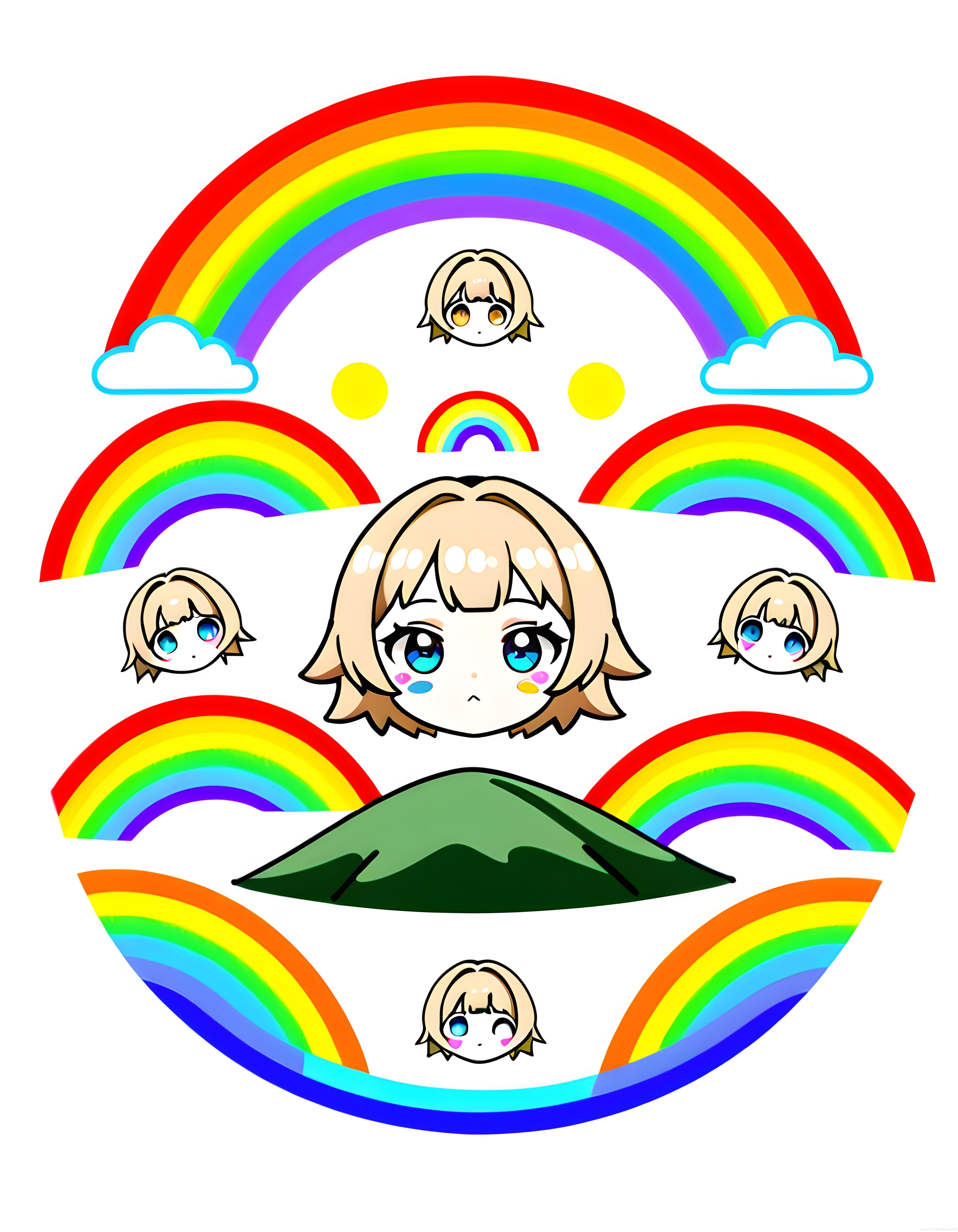 Anime gökkuşağı temalı sevimli chibi karakter dijital sanat çizimi