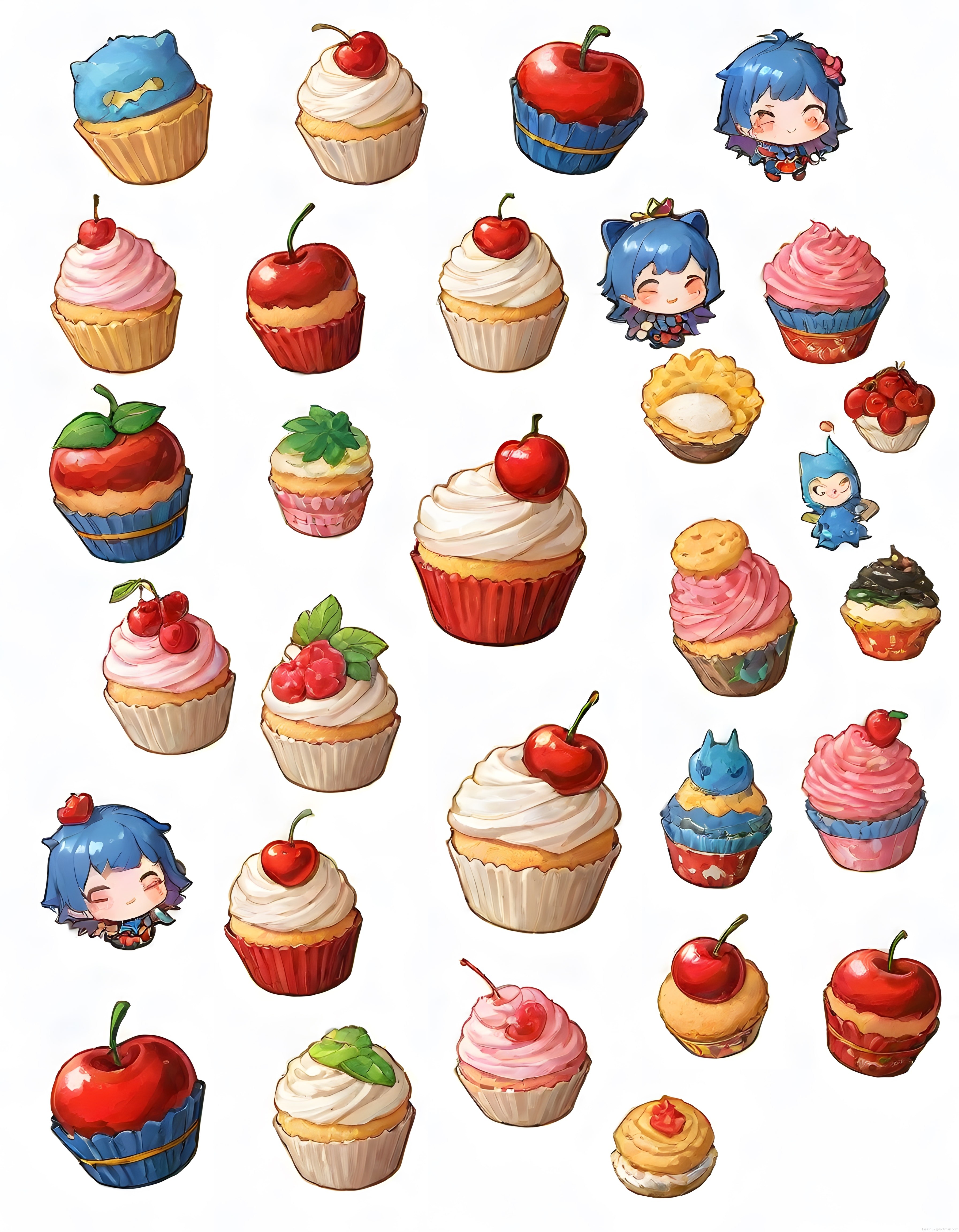 Anime karakterleri ve cupcake çizimlerinden oluşan sevimli dijital sanat seti