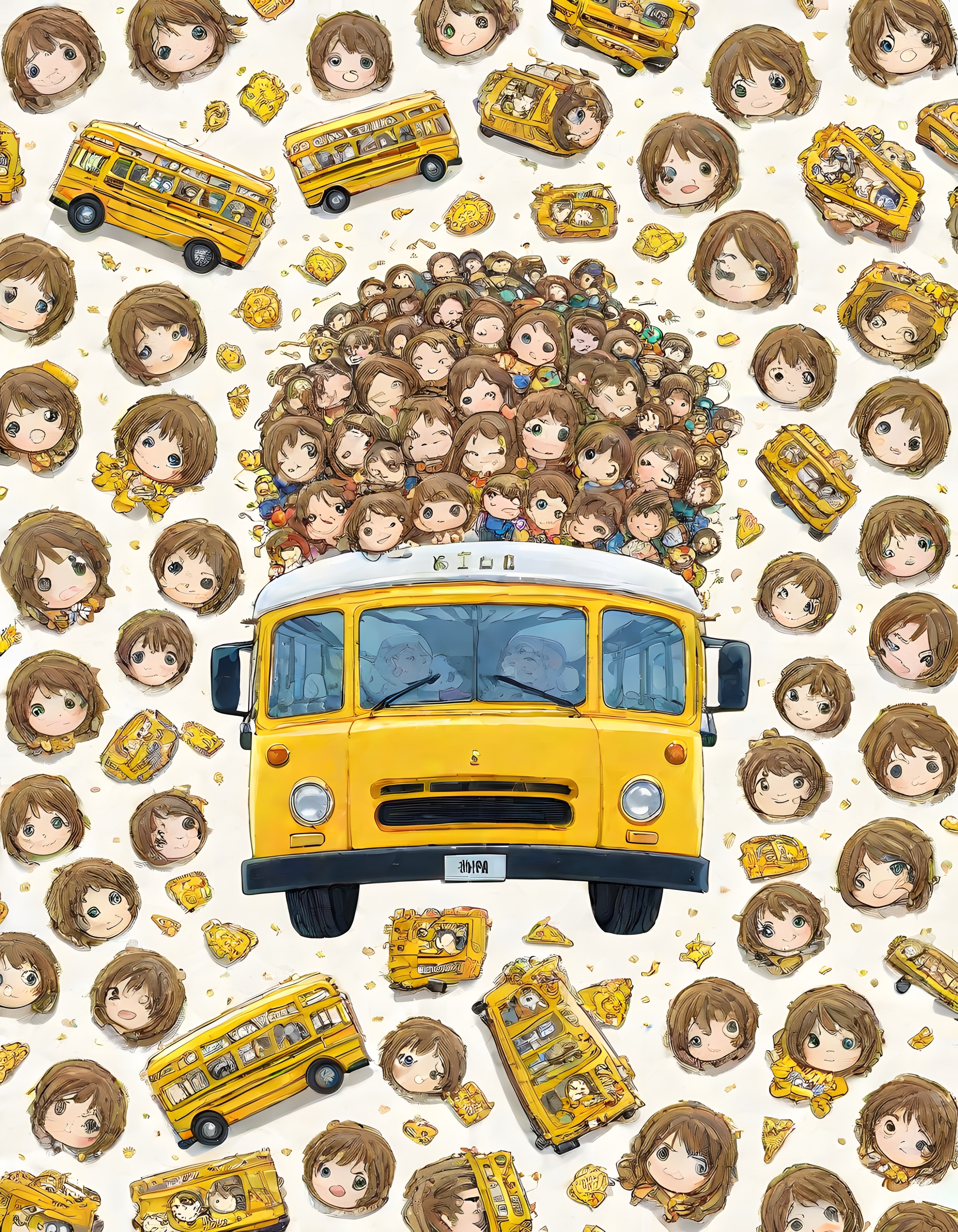 Anime karakterlerinin sarı okul otobüsü etrafındaki sevimli dijital çizimi