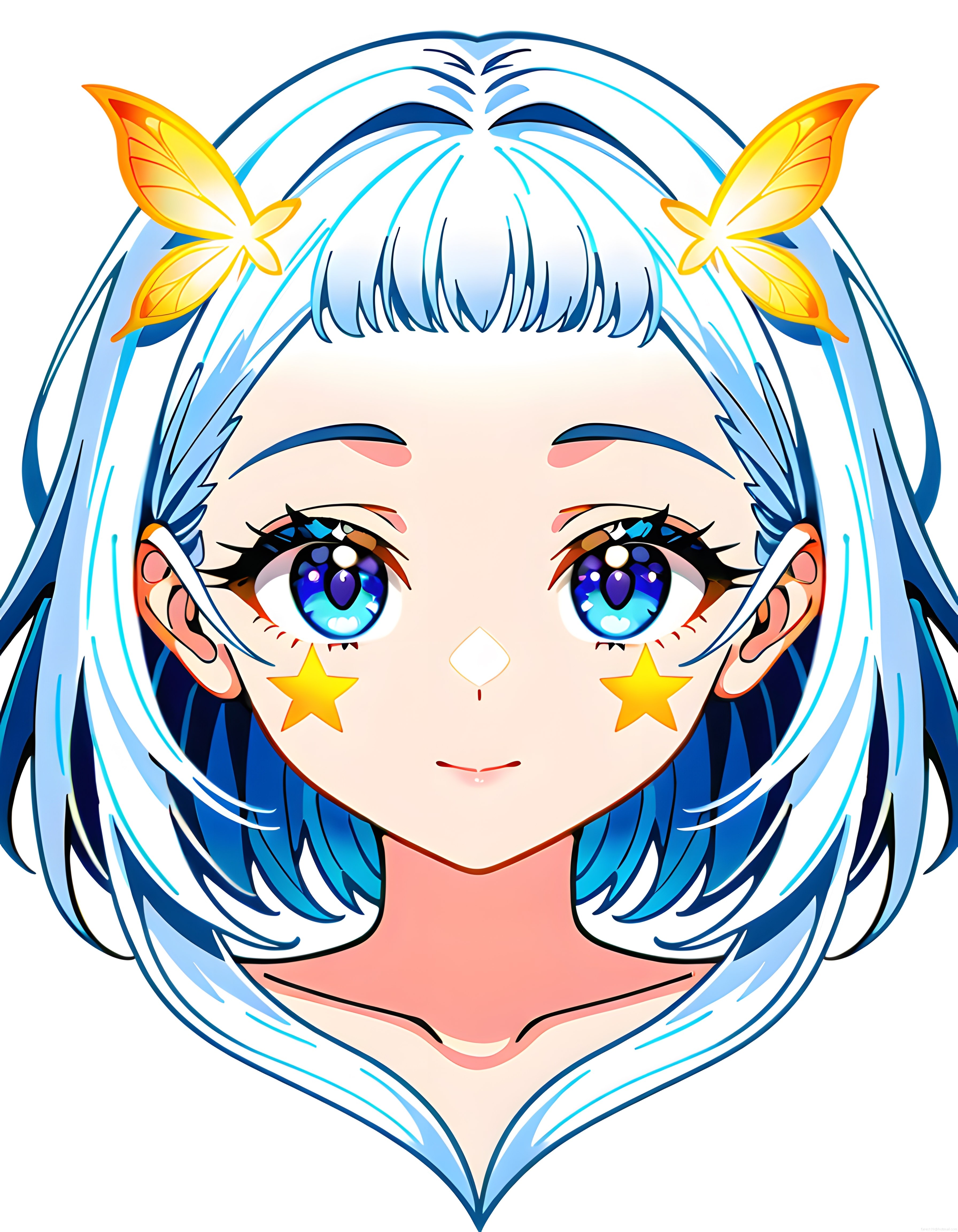 Anime Kız Dijital Çizim: Mavi Saçlar, Kelebekler ve Yıldızlarla Büyüleyici Portre