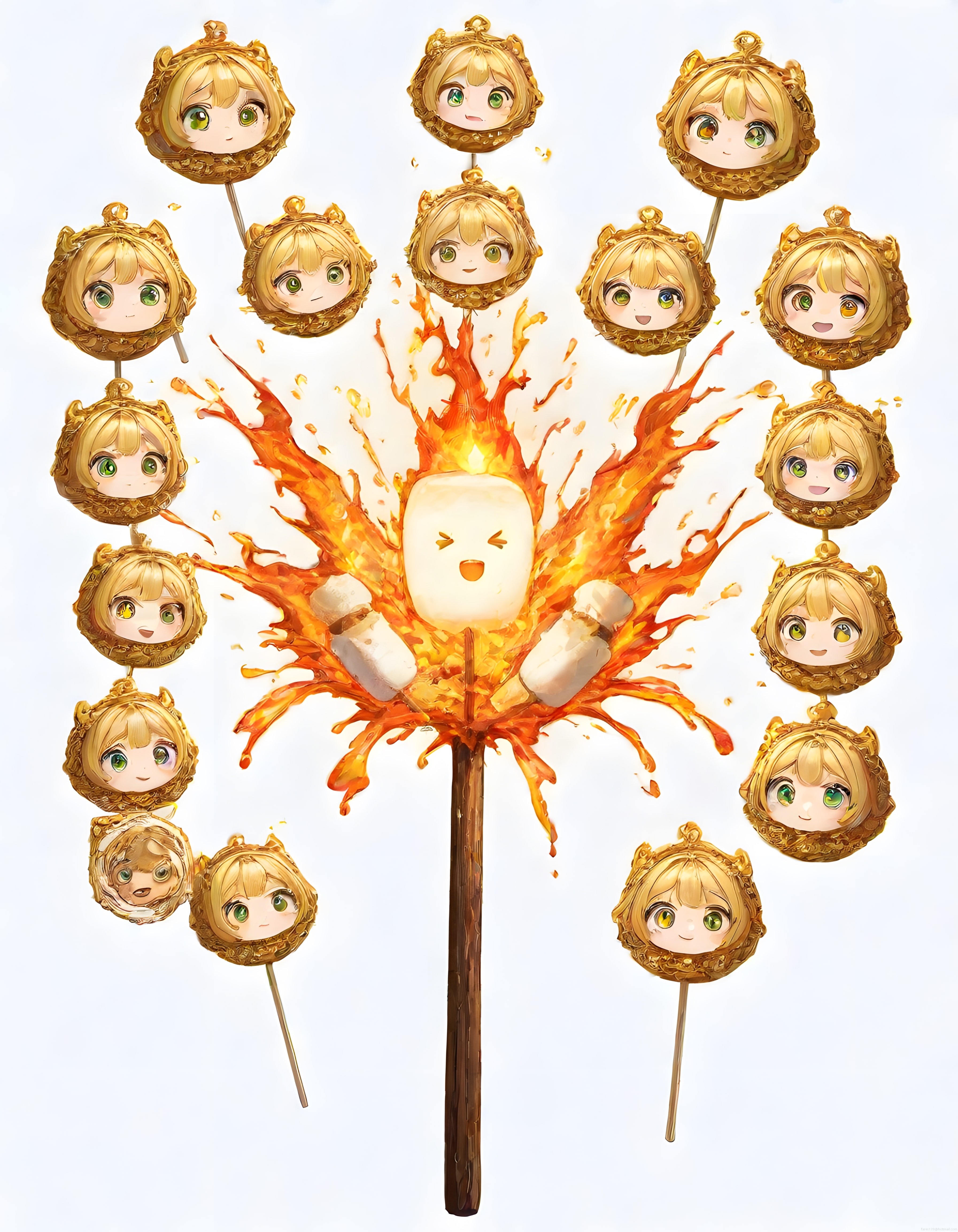 Anime kız kafaları ile kızaran marshmallow illüstrasyonu ve yaratıcı sanat