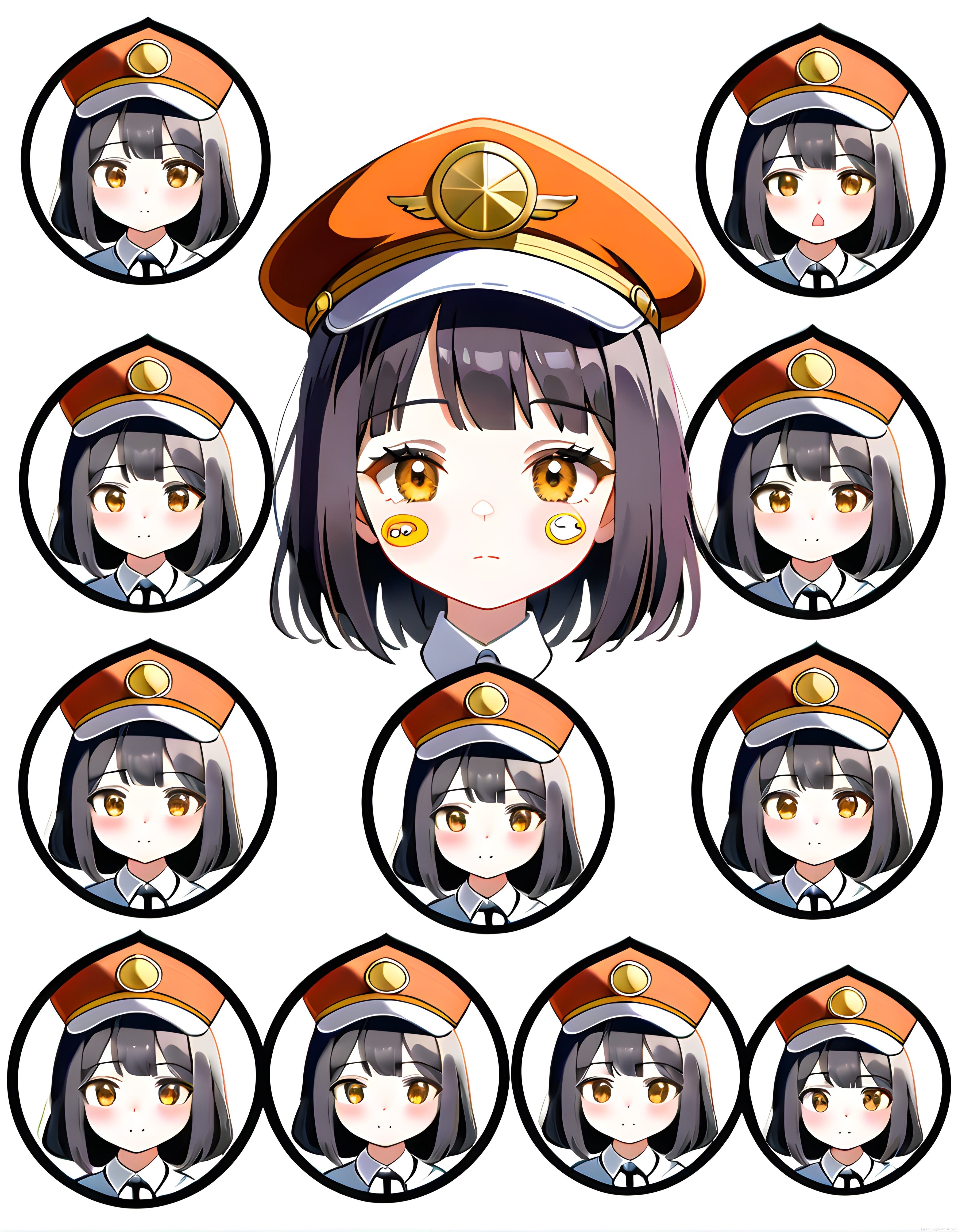 Anime kız karakteri farklı ifadeleri ve şapkalı dijital illüstrasyon tasarımı
