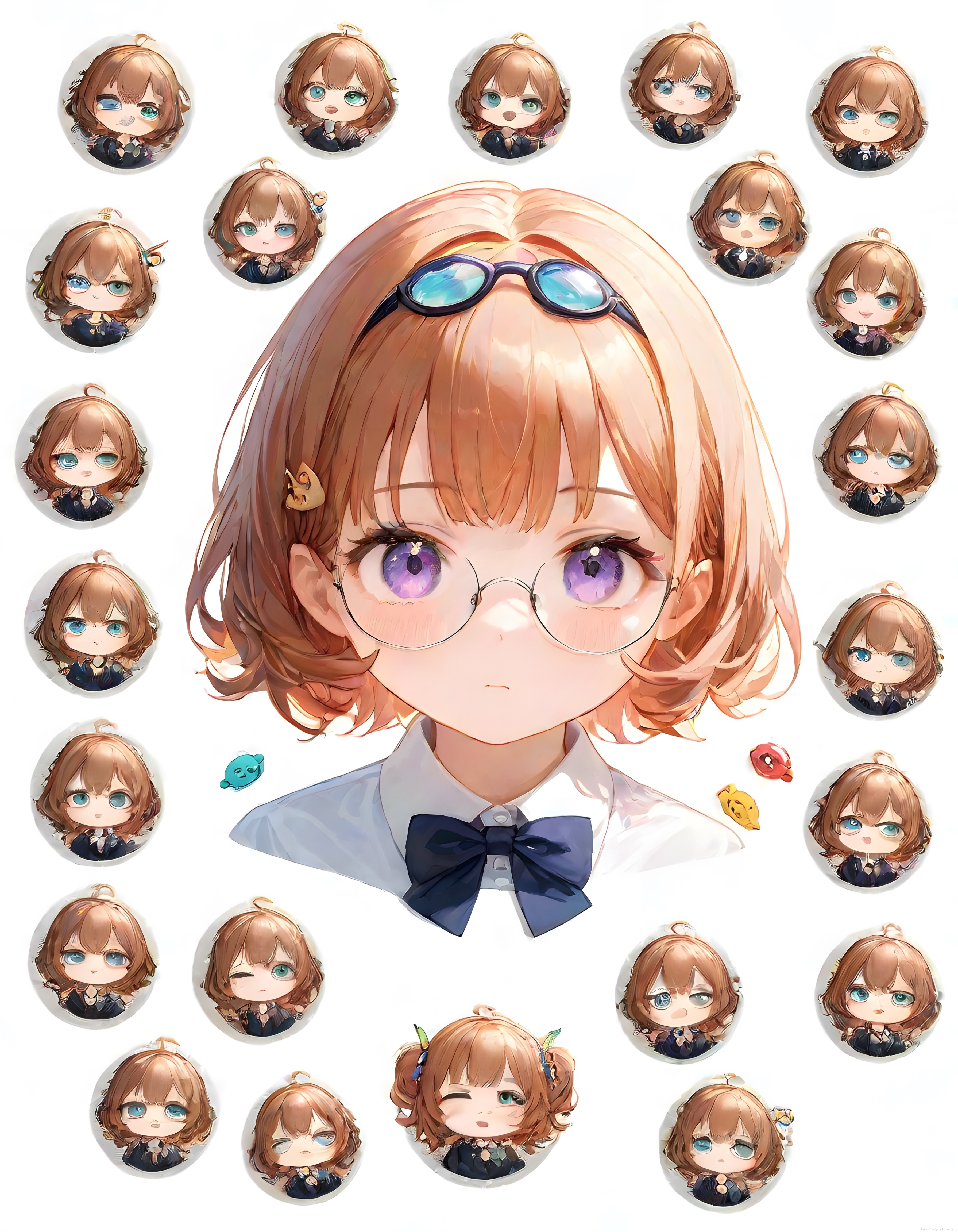 anime kız karakteri ve çevresindeki chibi ifadelerle dijital illüstrasyon