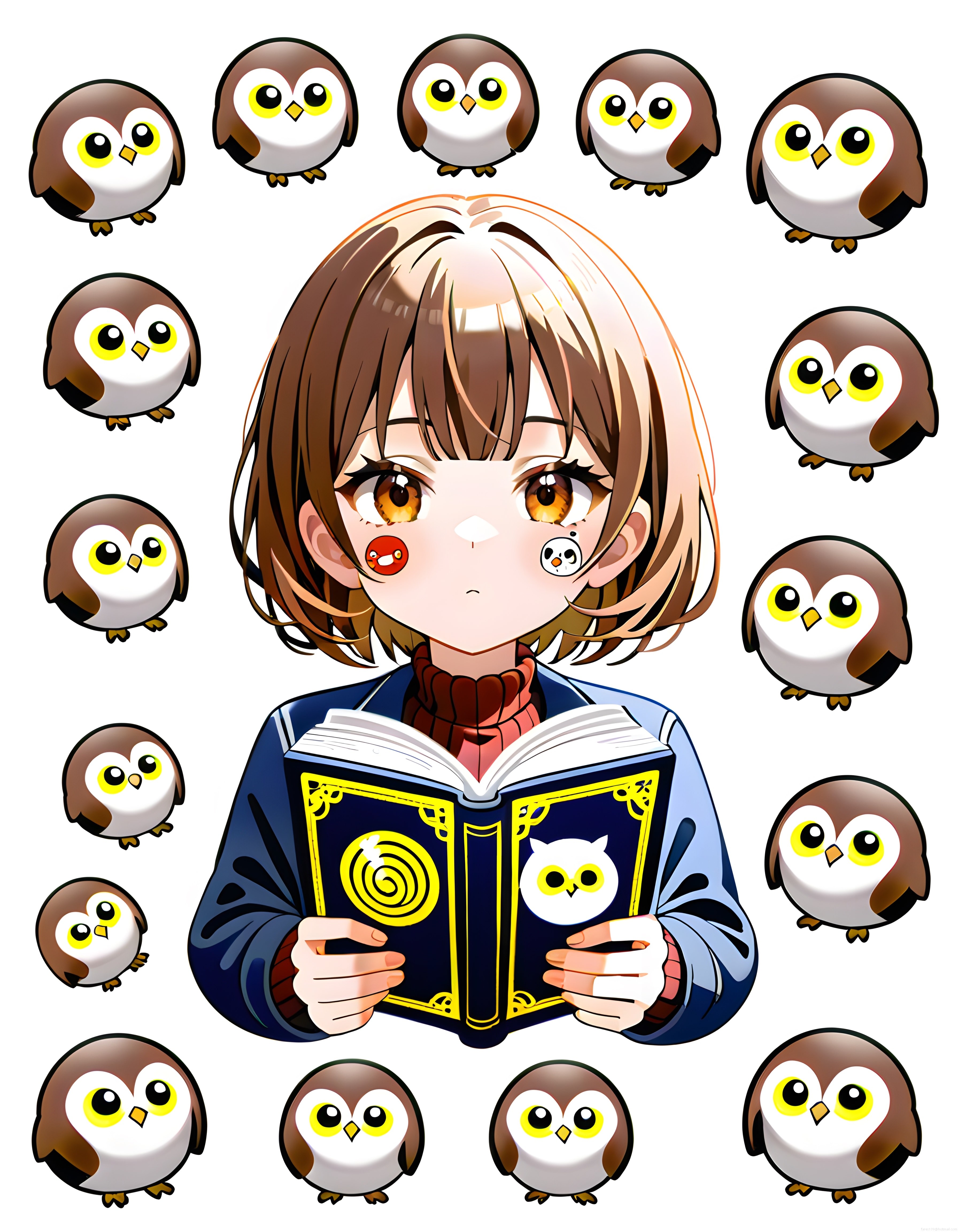 Anime kız karakteri ve sevimli baykuşlarla çevrili büyü kitabı illüstrasyonu