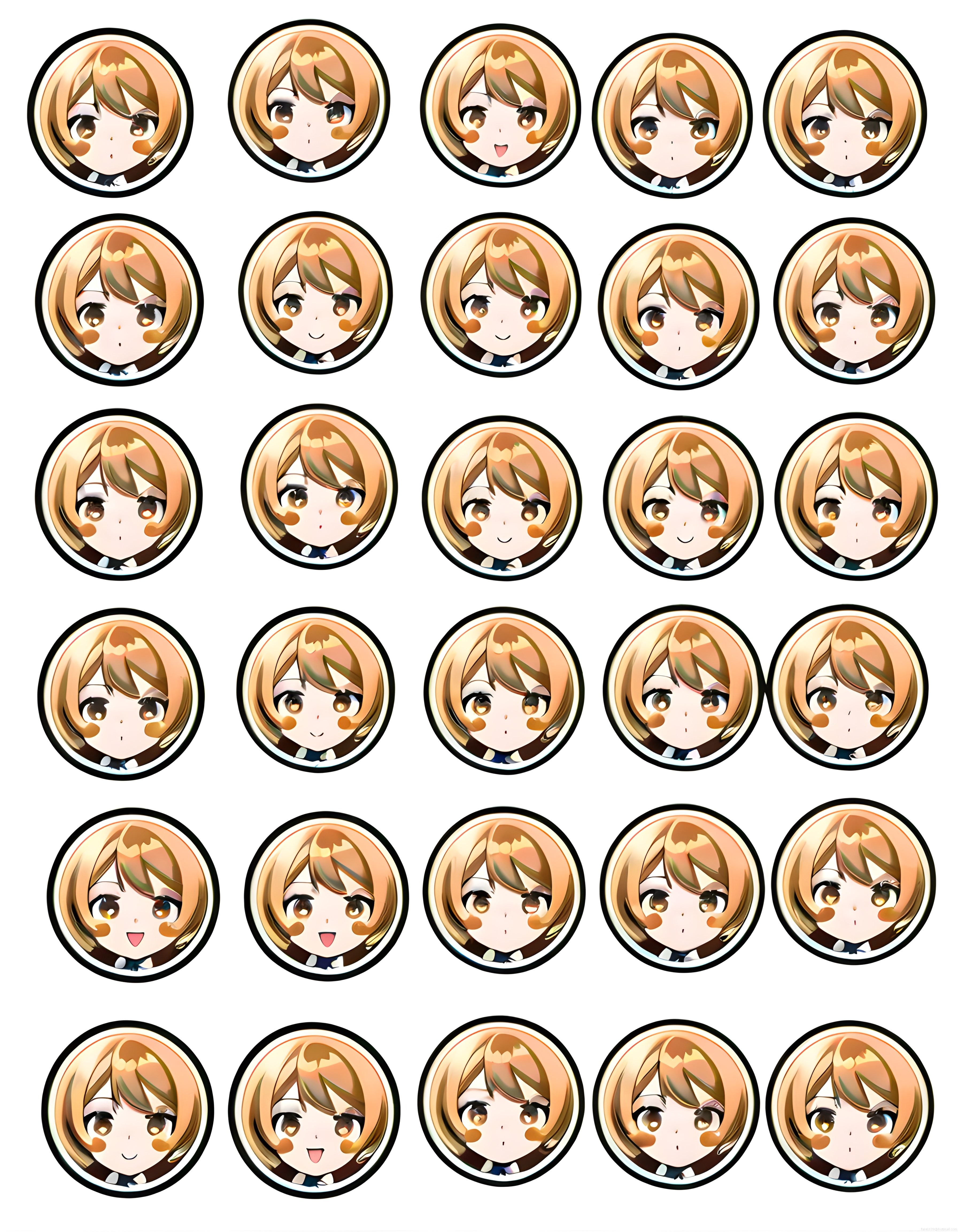 Anime kız karakterinin 30 duygulu yüz ifadesi içeren yuvarlak dijital sanat seti