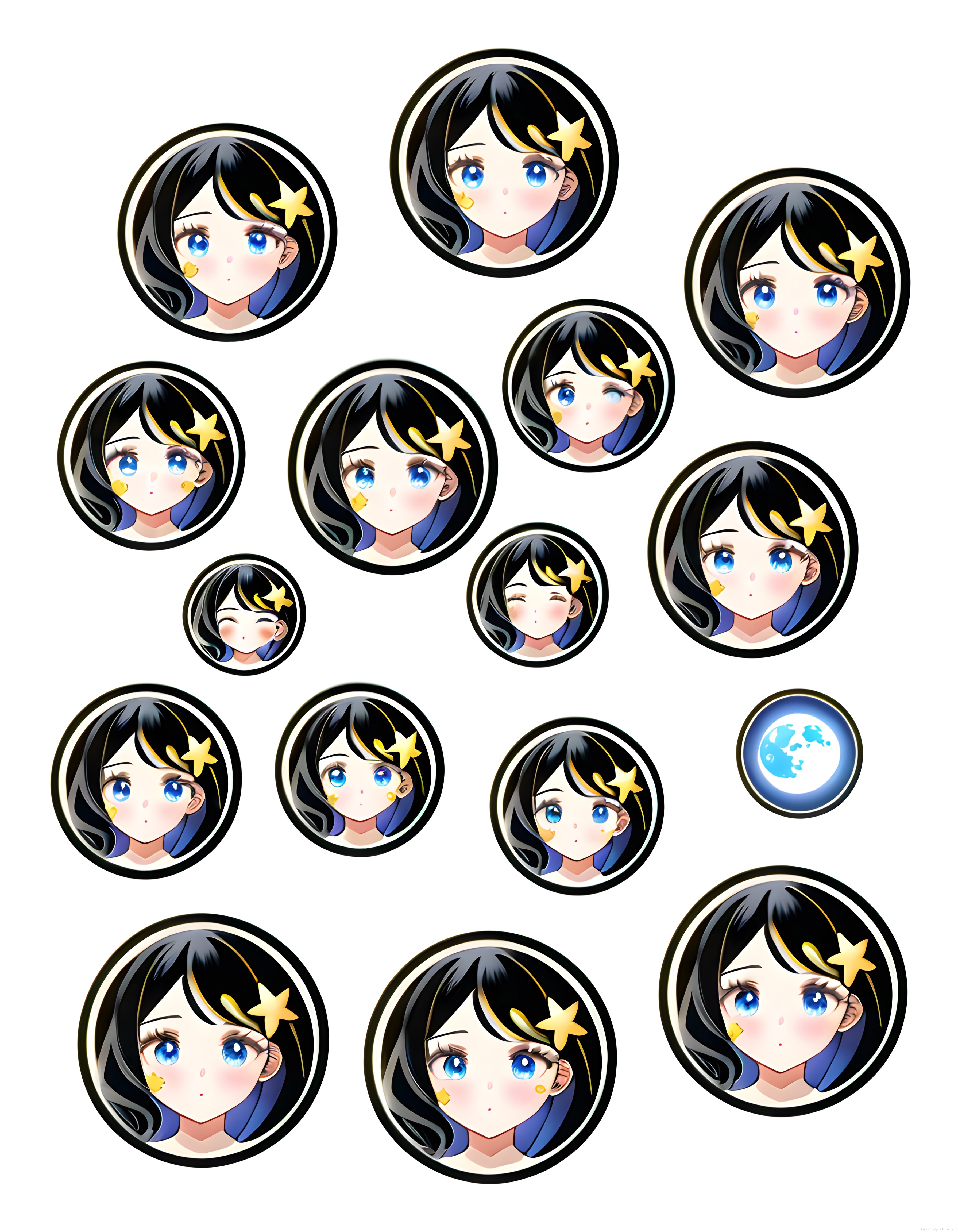 Anime Kız Sticker Seti: Yıldız Saç Aksesuarlı Mavi Gözlü Karakter Çıkartmaları