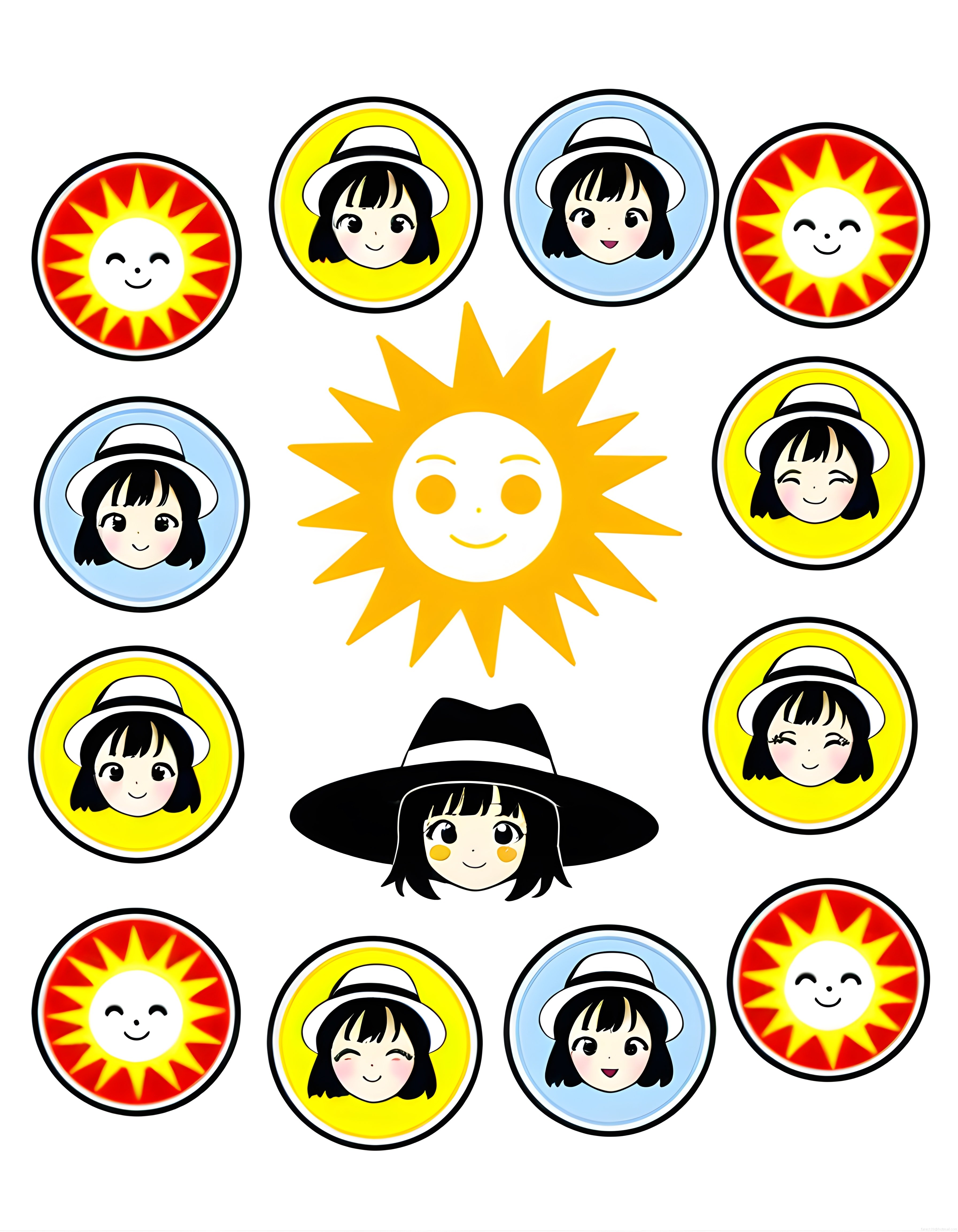 Anime Kız ve Gülen Güneşten Oluşan Yaz Temalı Dijital Sticker Seti