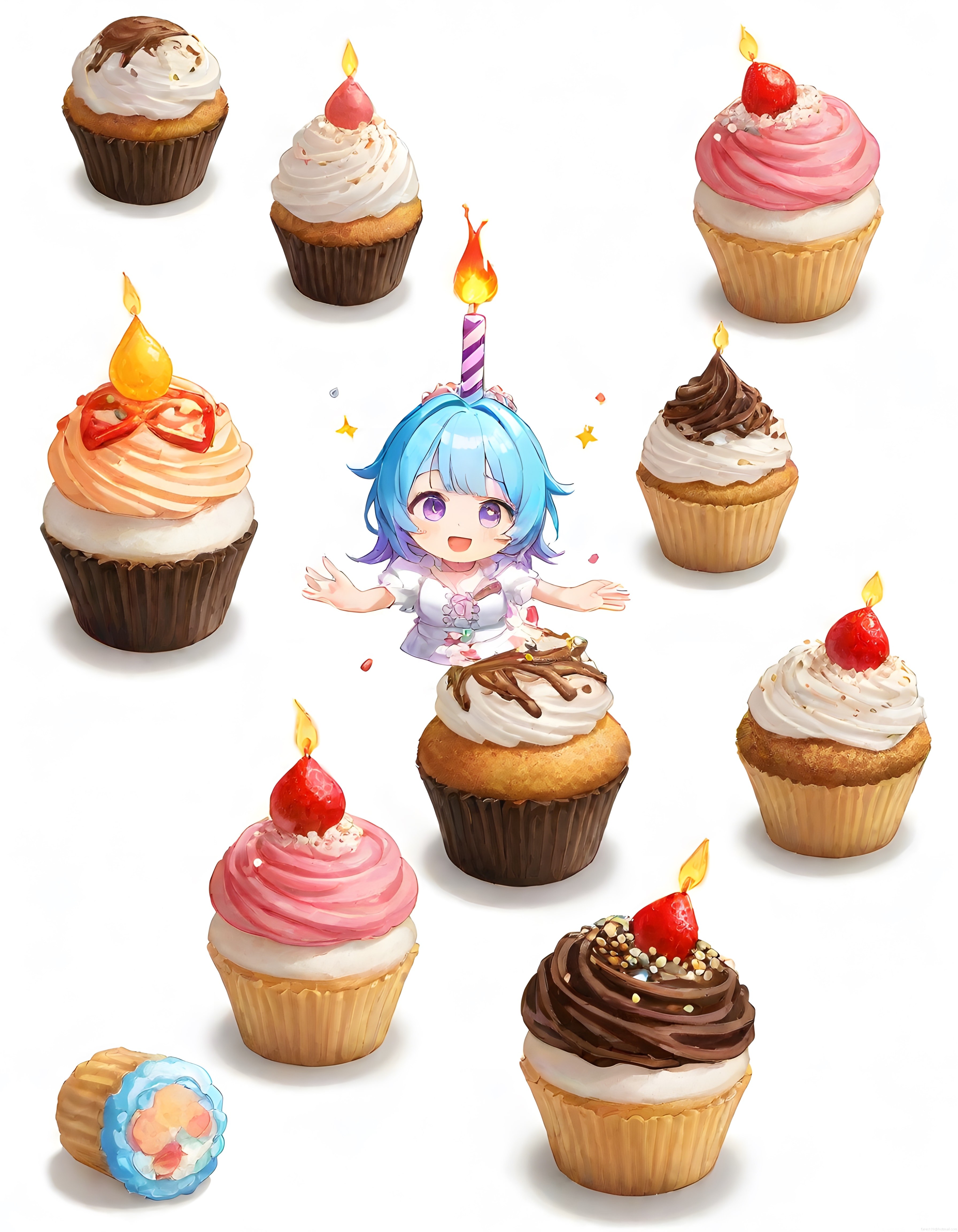 Anime kız ve renkli cupcake'lerle sevimli doğum günü kutlaması illüstrasyonu