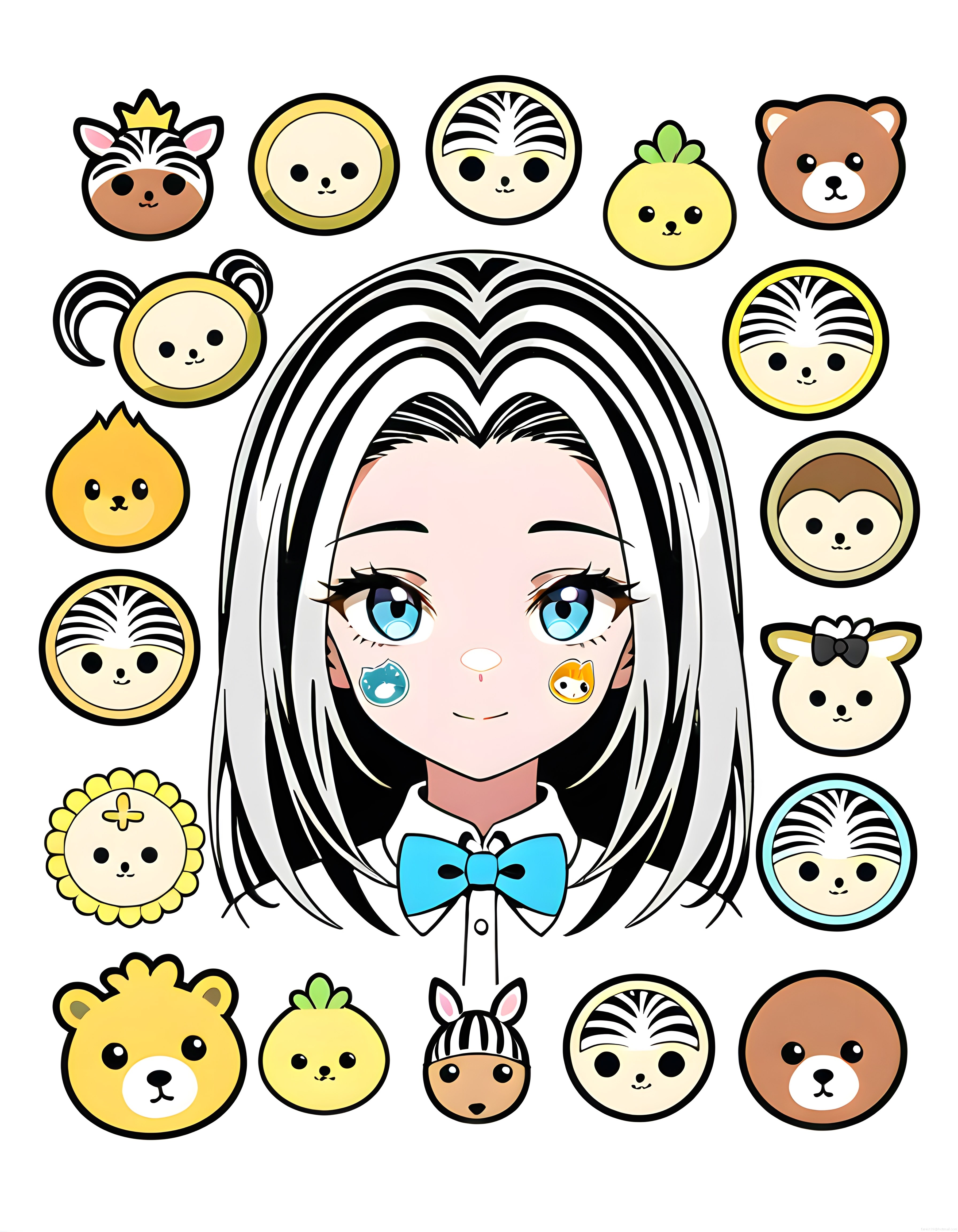 anime kız ve sevimli hayvan yüzlerinden oluşan dijital sticker koleksiyonu