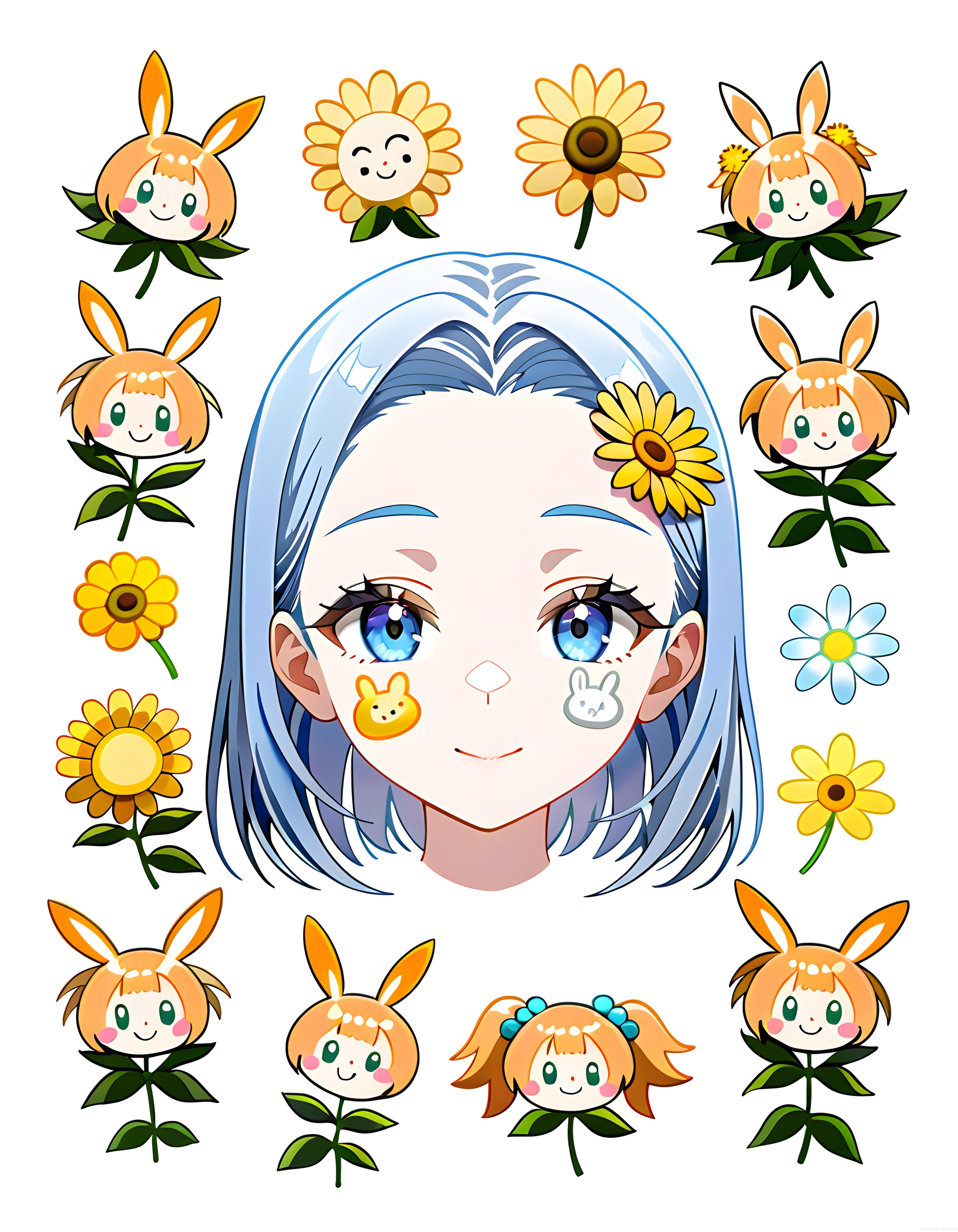 Anime kız ve tavşan çiçeklerinin sevimli dijital sticker seti