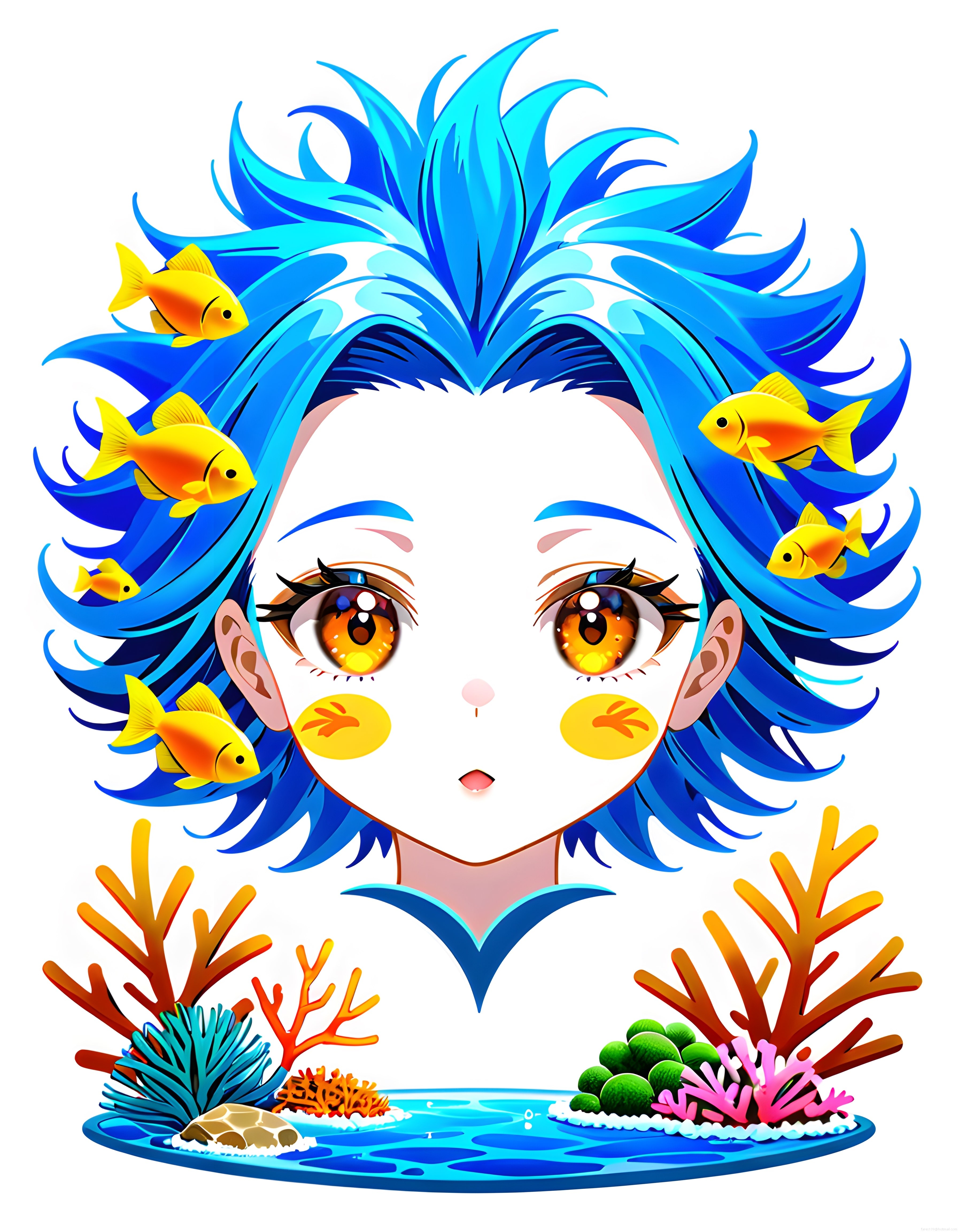 Anime Okyanus Kızı ve Saçlarındaki Balıklarla Fantastik Dijital Sanat Eseri