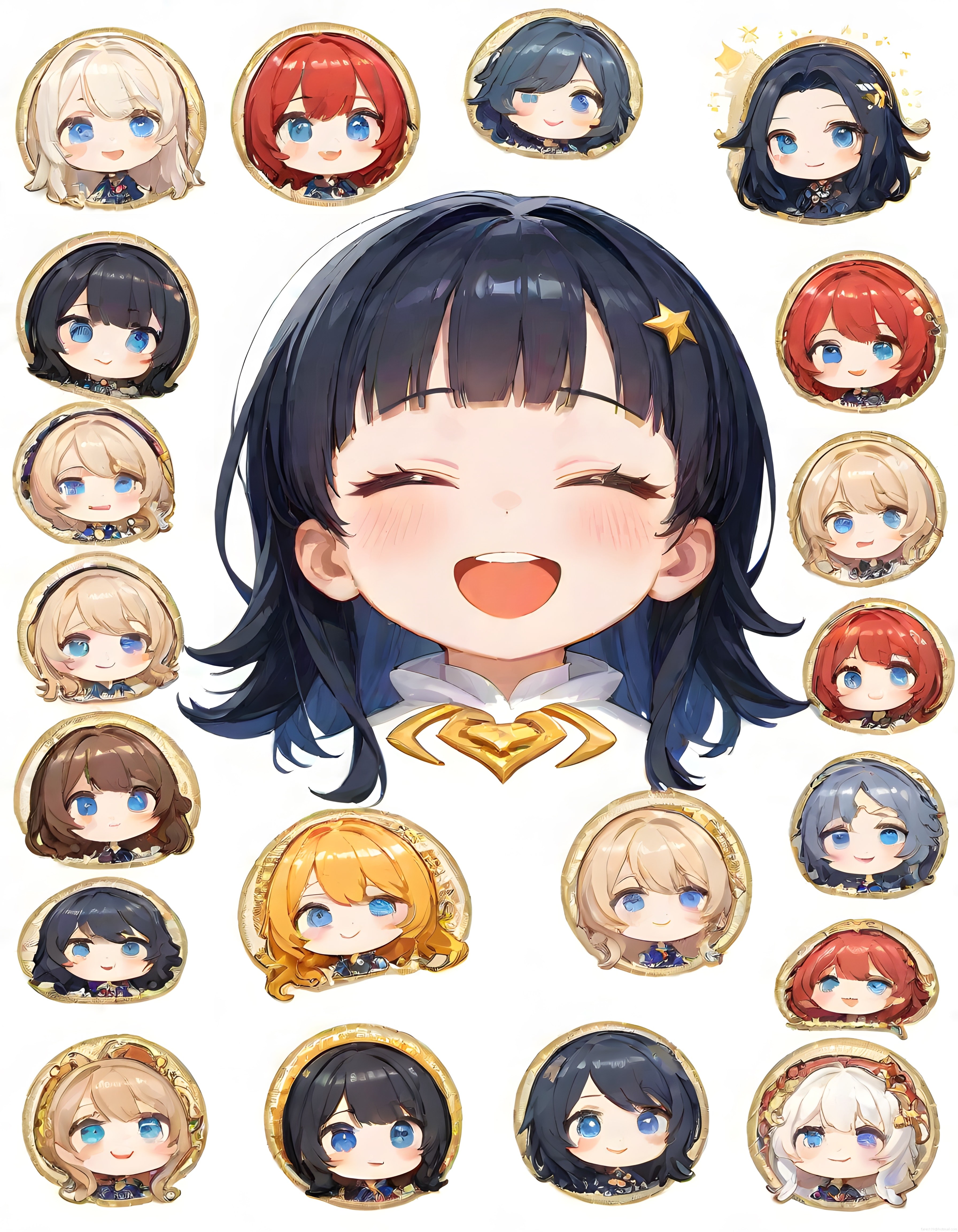 Anime oyunu için neşeli chibi karakterler ve altın yuvarlak ikon seti