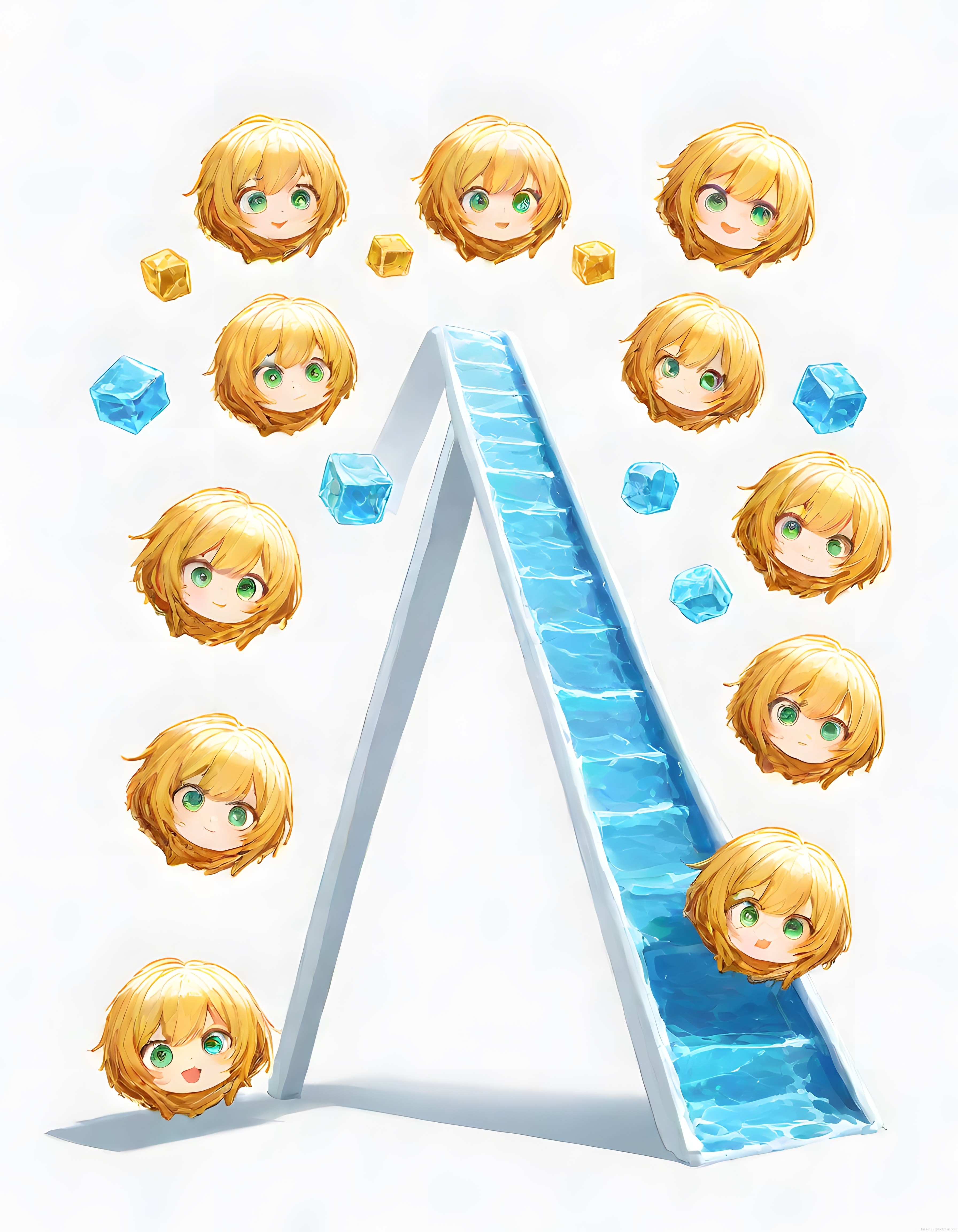 anime sarı saçlı karakter ifadeleri ve mavi kaydırak illüstrasyon tablosu