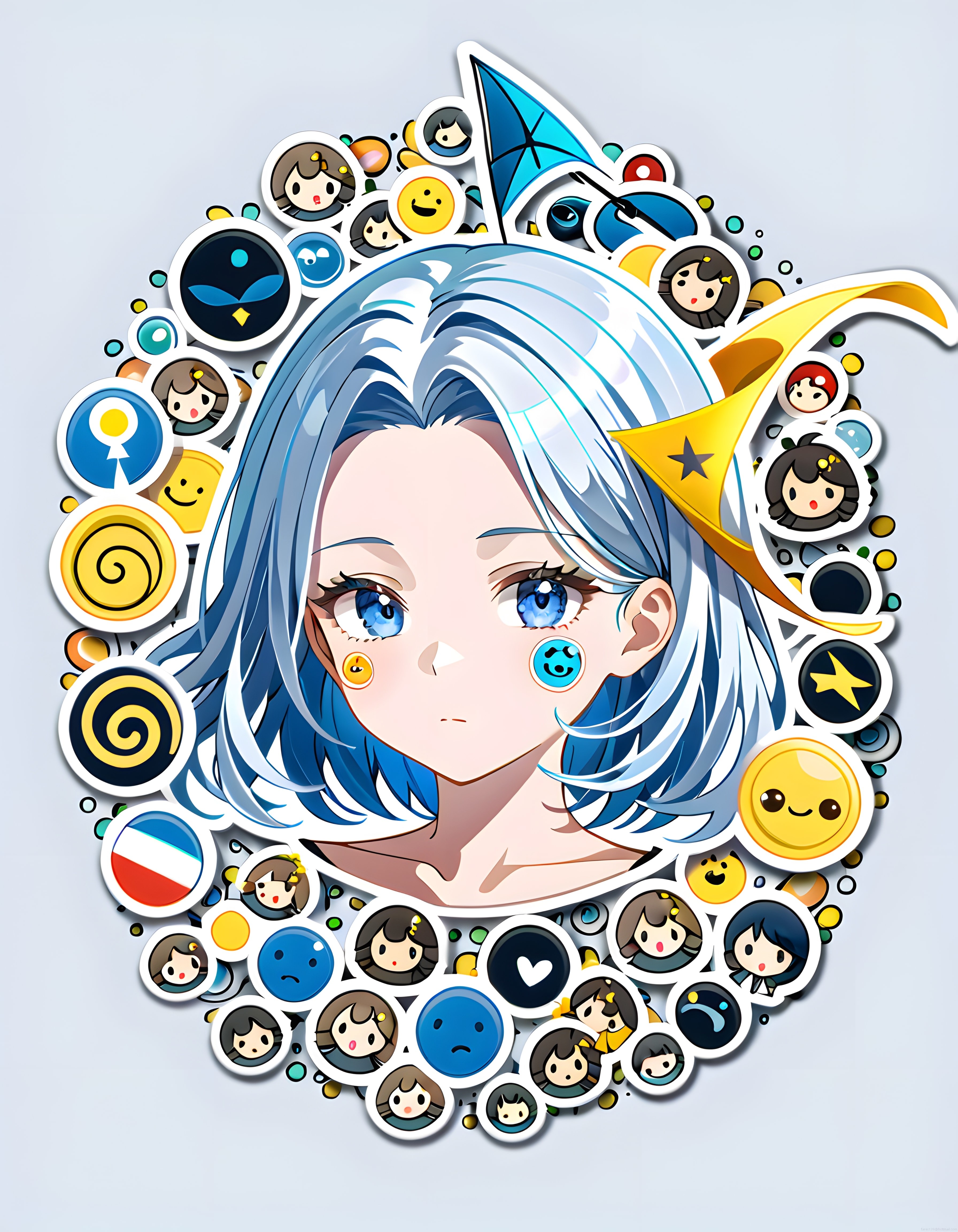 Anime Sticker Bomb Sanatı: Mavi Saçlı Karakter ve Renkli Çıkartma Koleksiyonu