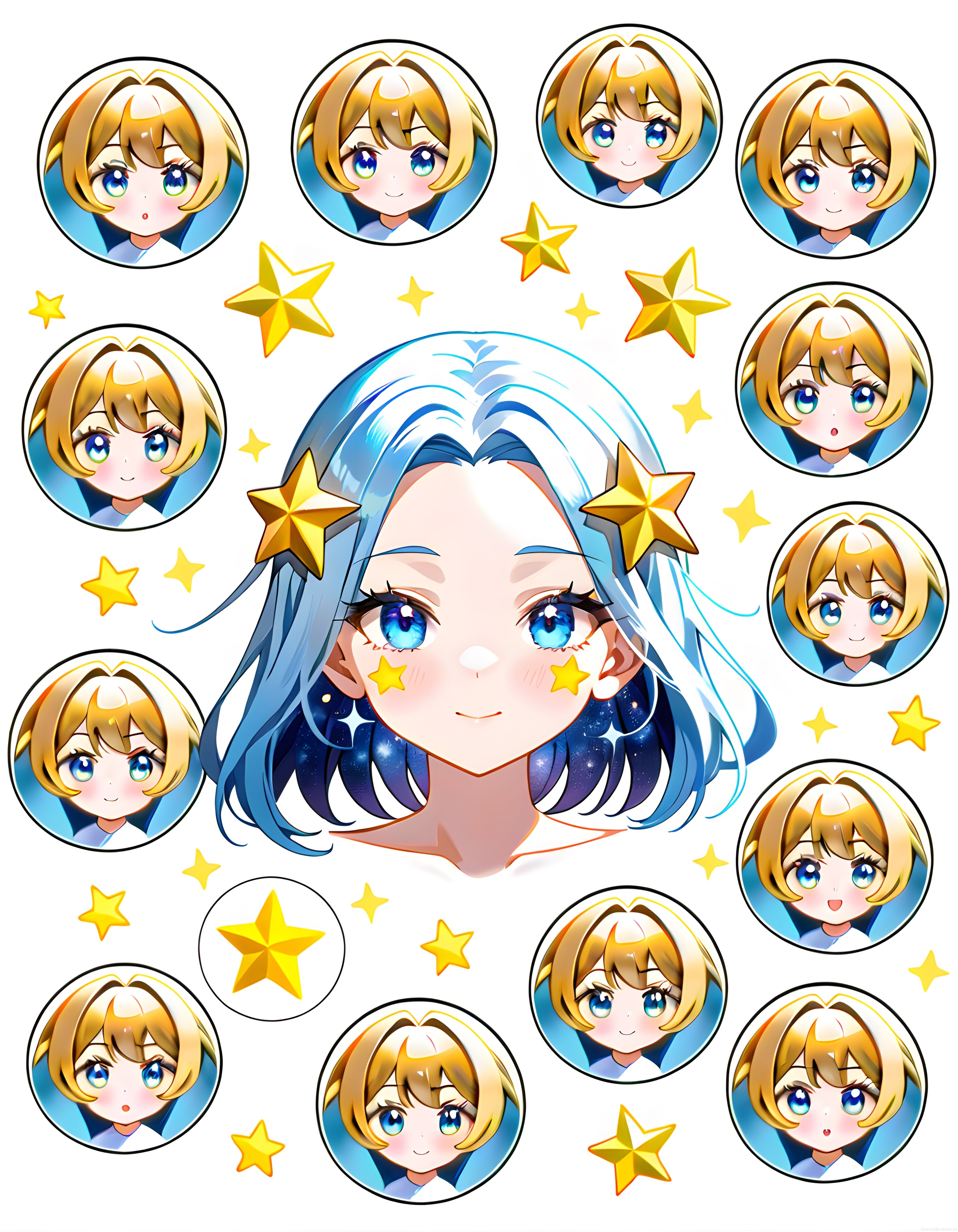 Anime Sticker Koleksiyonu: Mavi Saçlı Kız ve Farklı Yüz İfadeleri