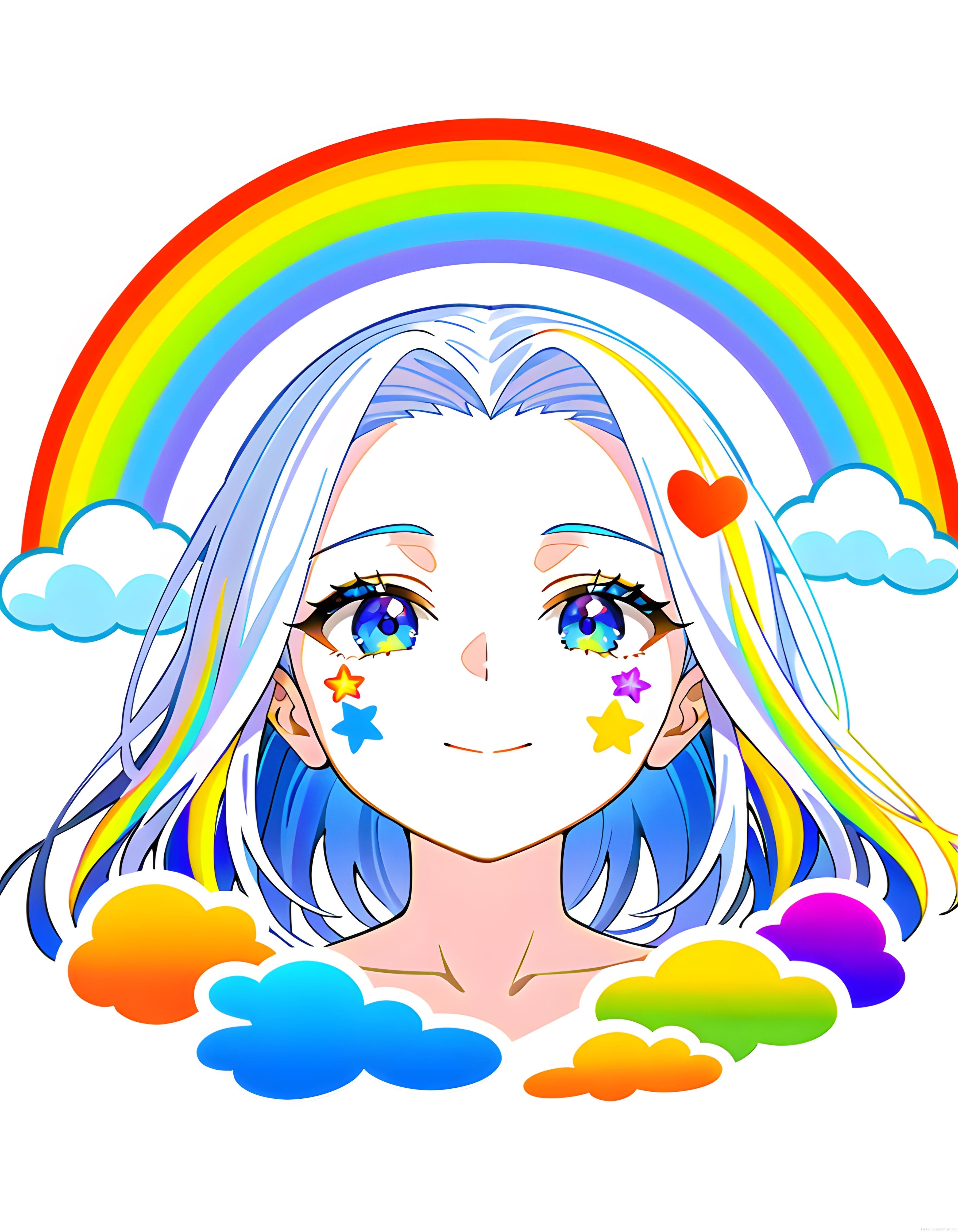 Anime Stili Gökkuşağı Saçlı Kız Renkli Gözler ve Yıldızlar Dijital Çizim
