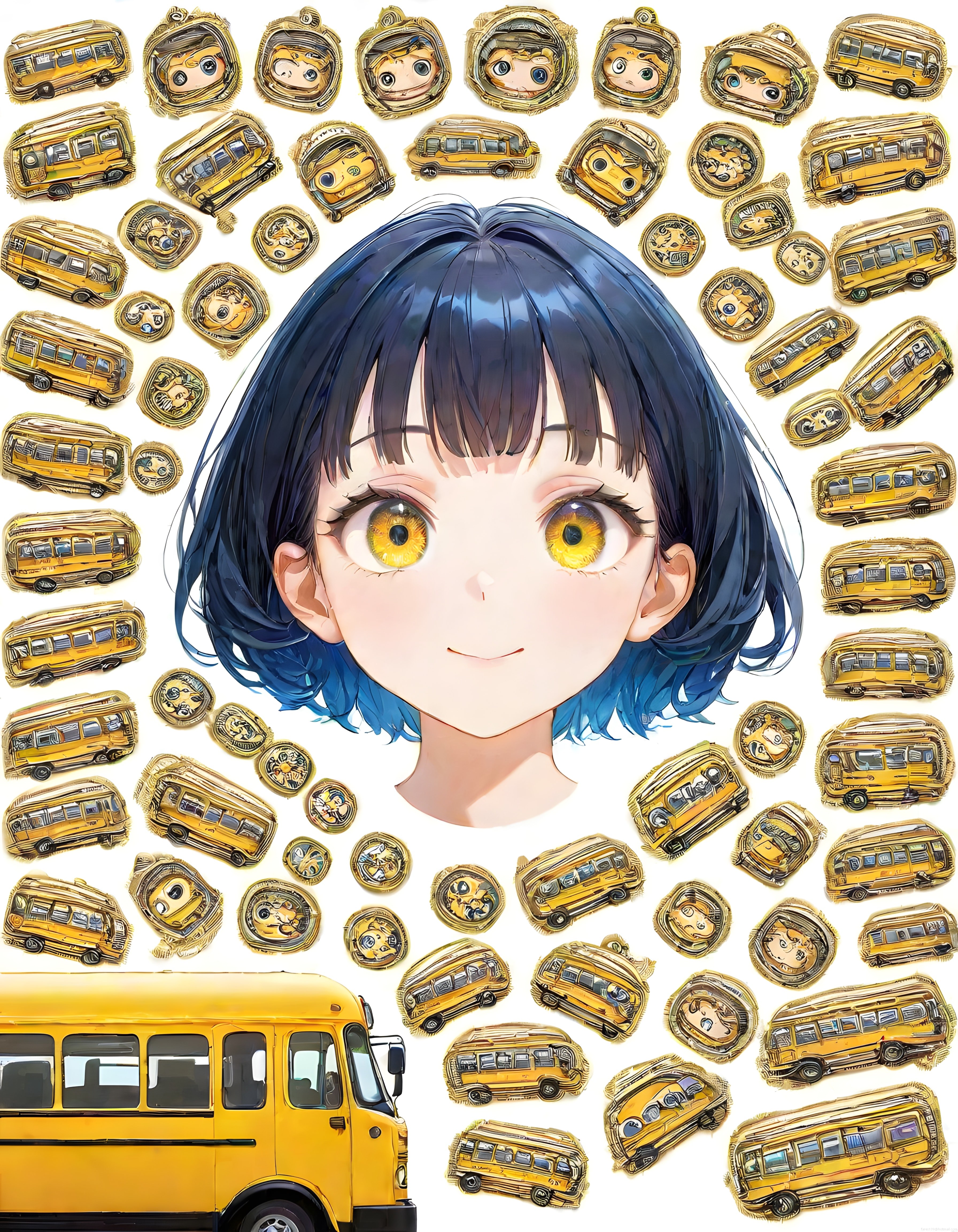 Anime Stili Mavi Saçlı Kız ve Sarı Otobüs Rozetleriyle Çevrili Dijital Sanat