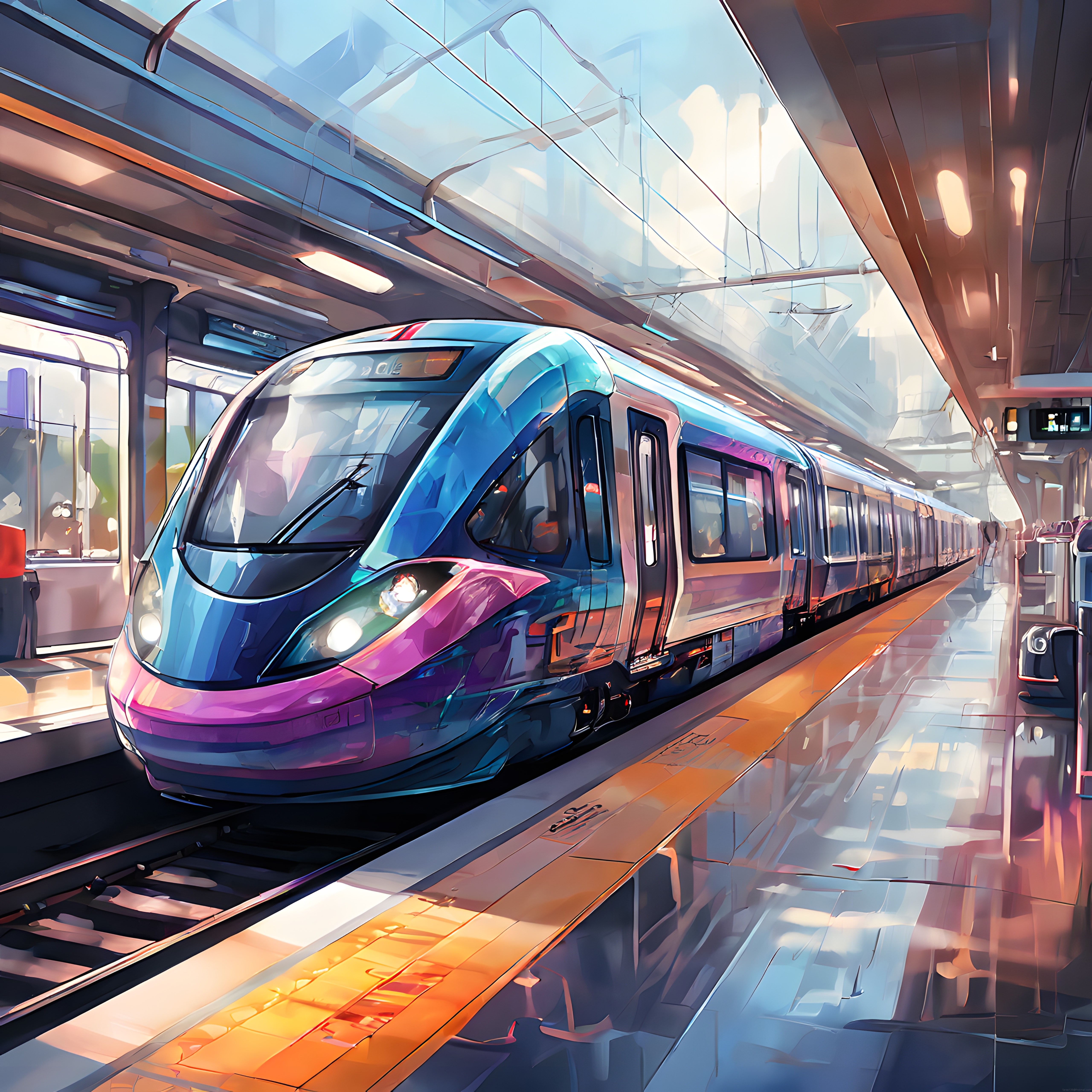 Anime Stili Modern Tren İstasyonu ve Işıltılı Yüksek Hızlı Tren Manzarası