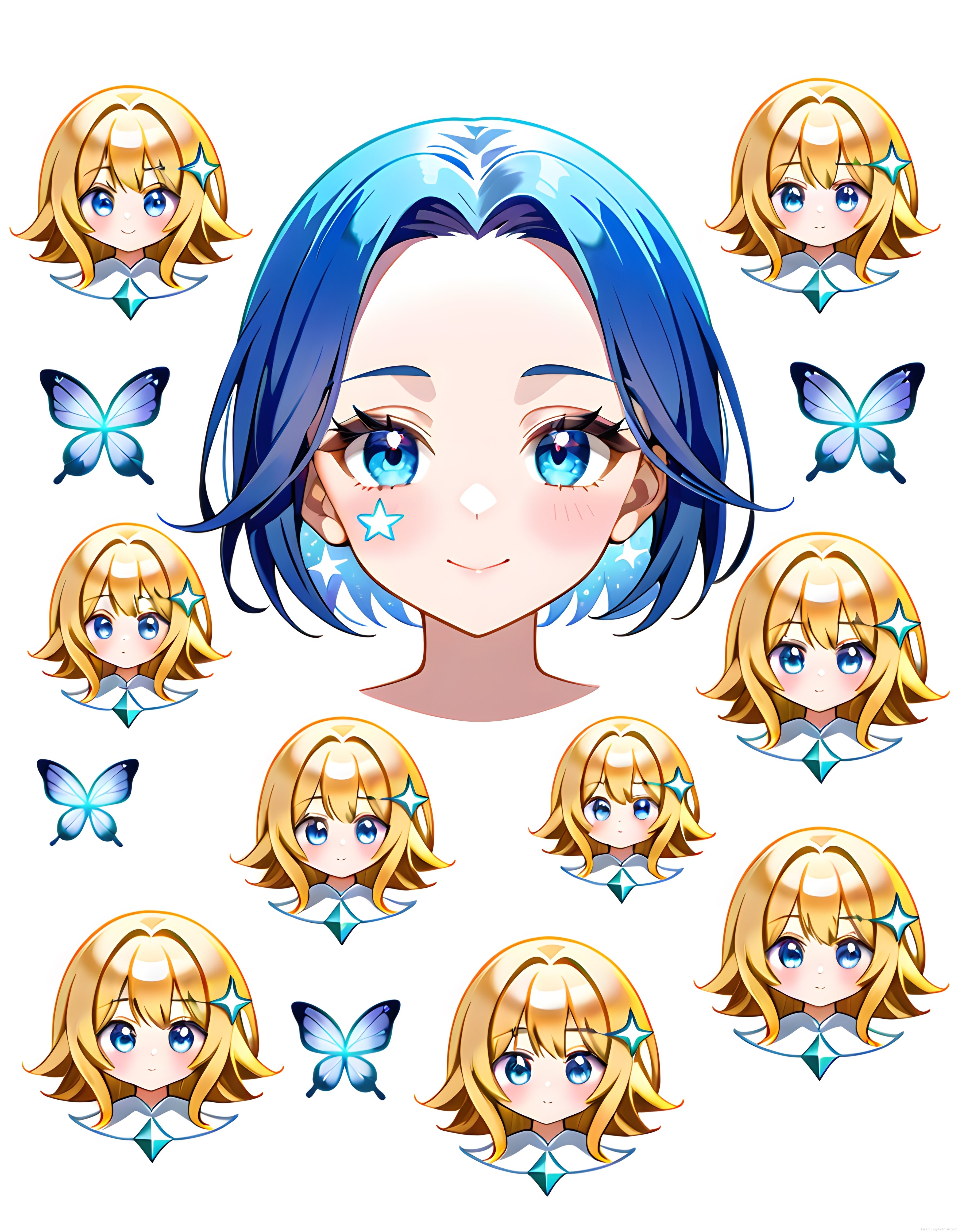 anime stili sevimli kız karakter sticker seti ve dijital sanat illüstrasyonu